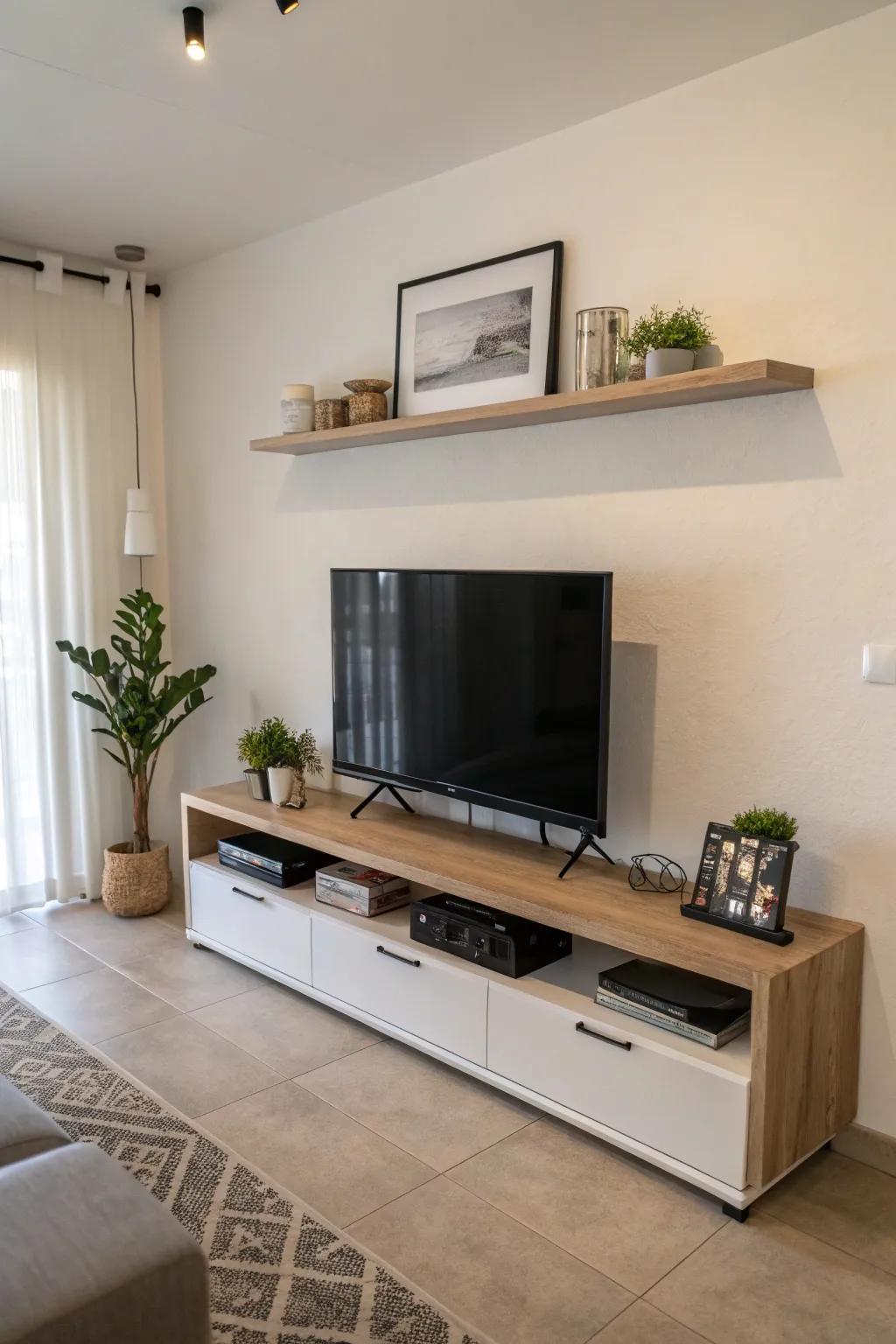 A sleek floating shelf introduces a hint of sophistication above the TV.