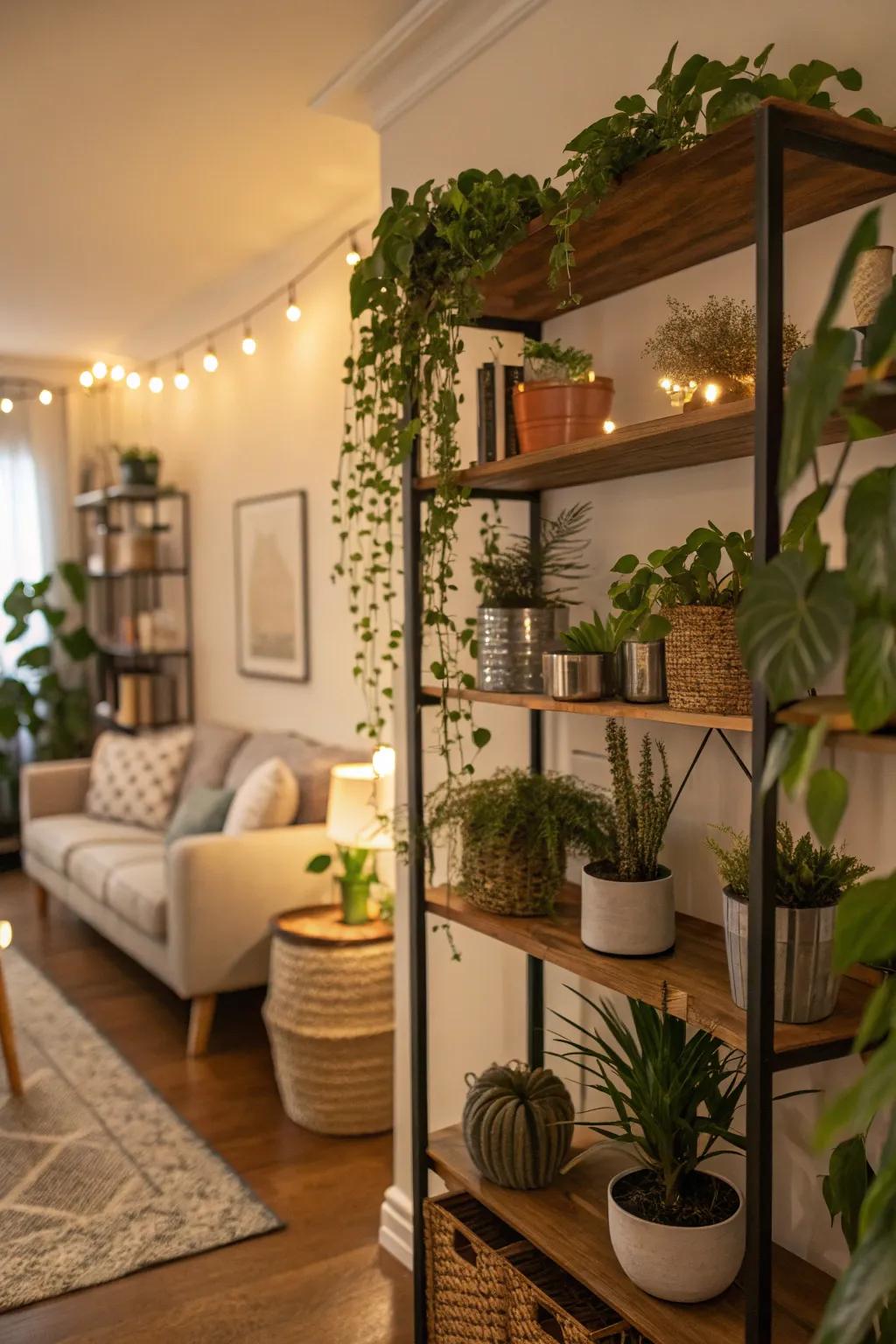 Lush plants turn shelves into an energetic and welcoming area.