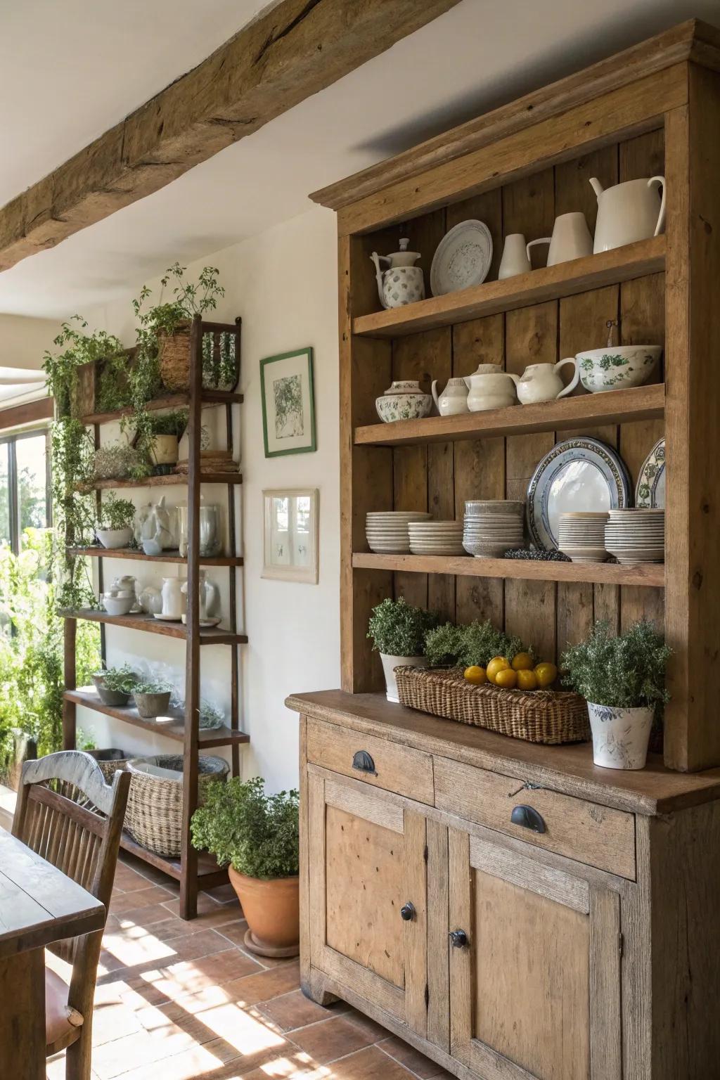 Rustic wooden shelves lend a farmhouse appeal to the dining space.