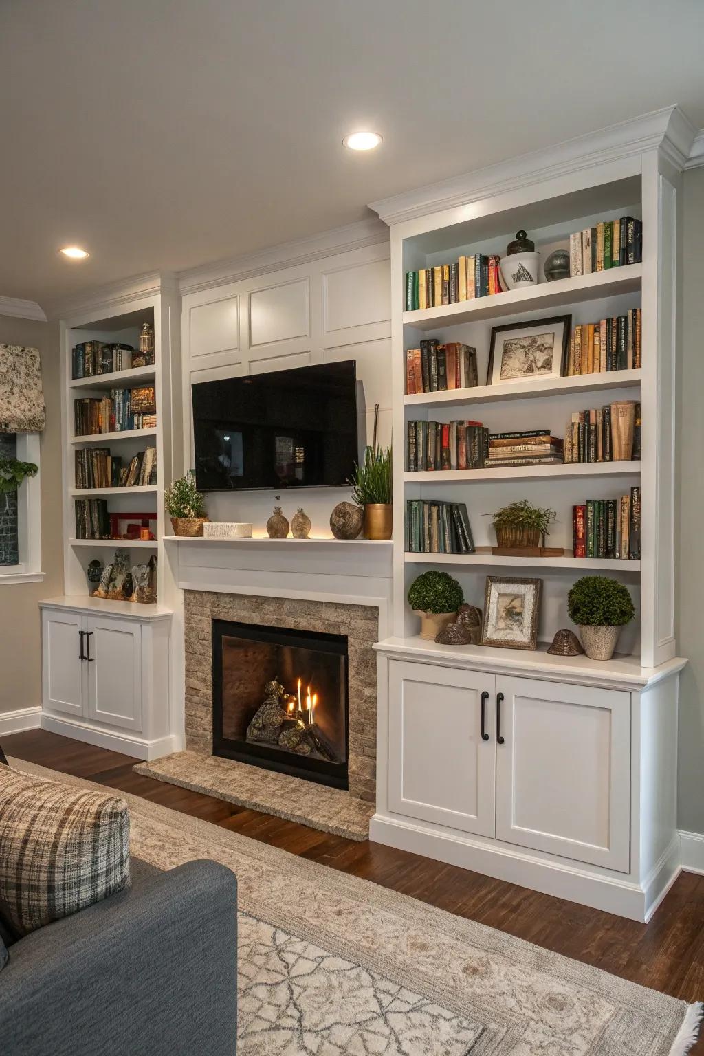 Symmetrical built-in shelves bring a sense of balance to the living area.