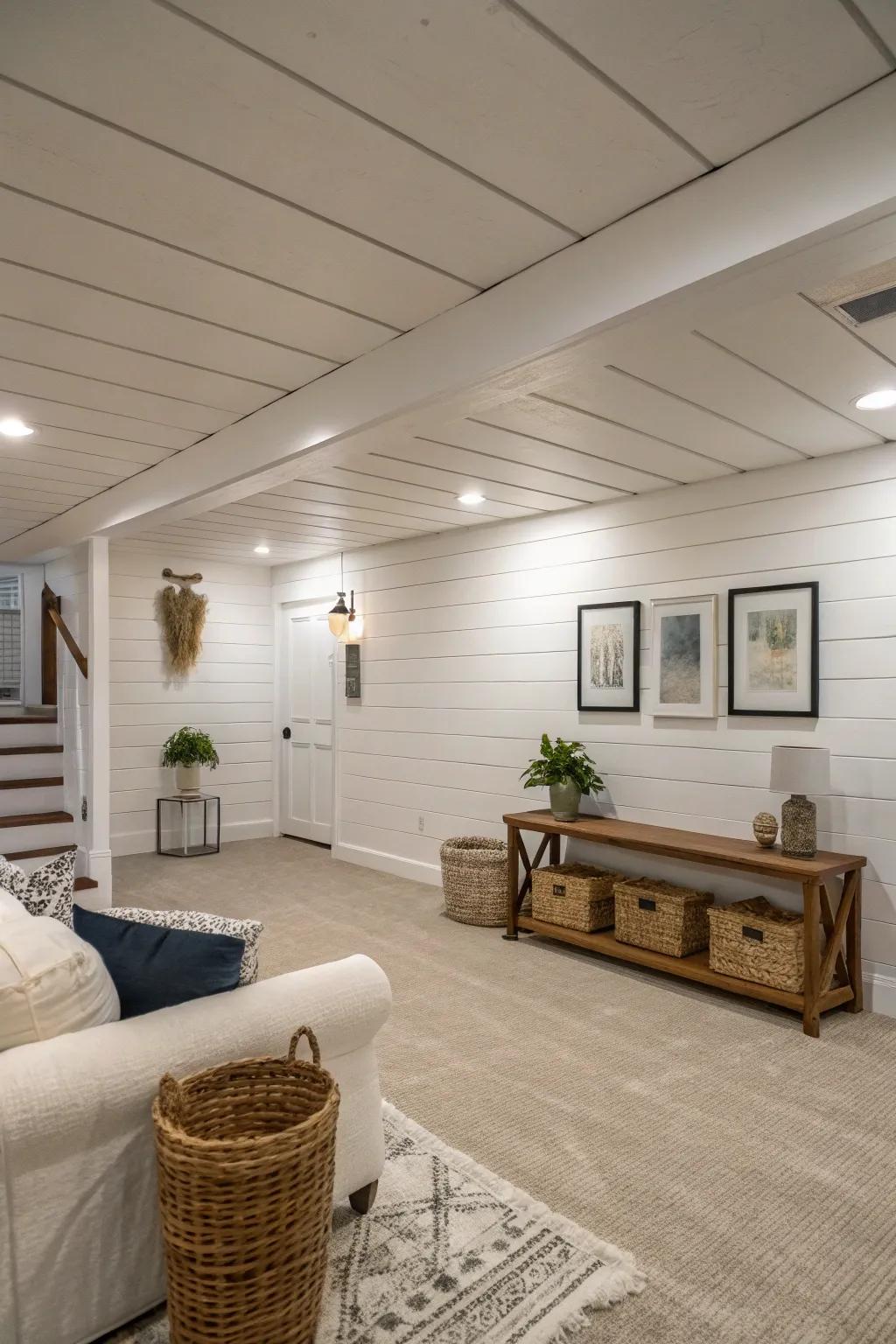 A basement featuring traditional off-white groove walls and simple decoration.