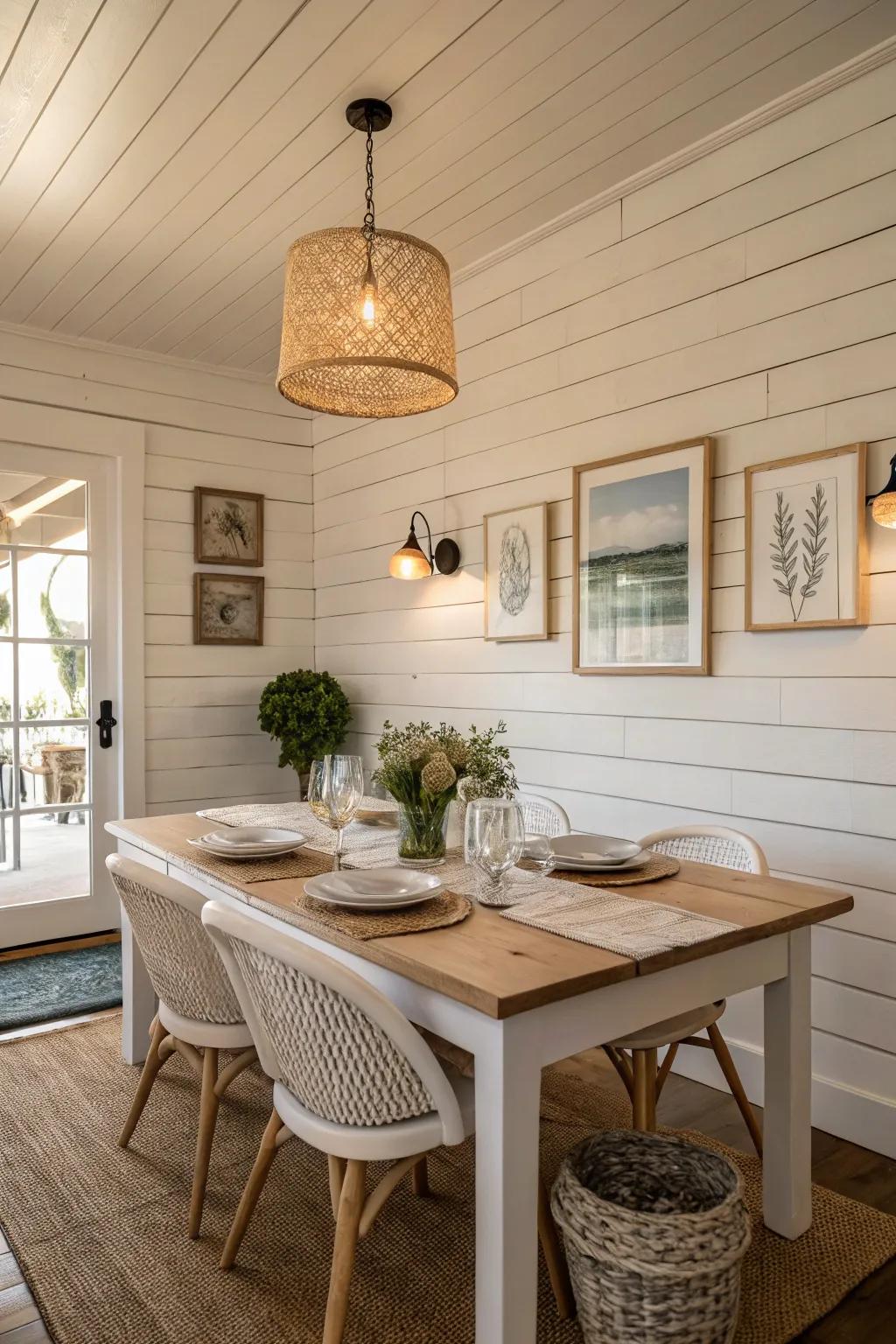 A dining room featuring classic white shiplap walls and simple decor.