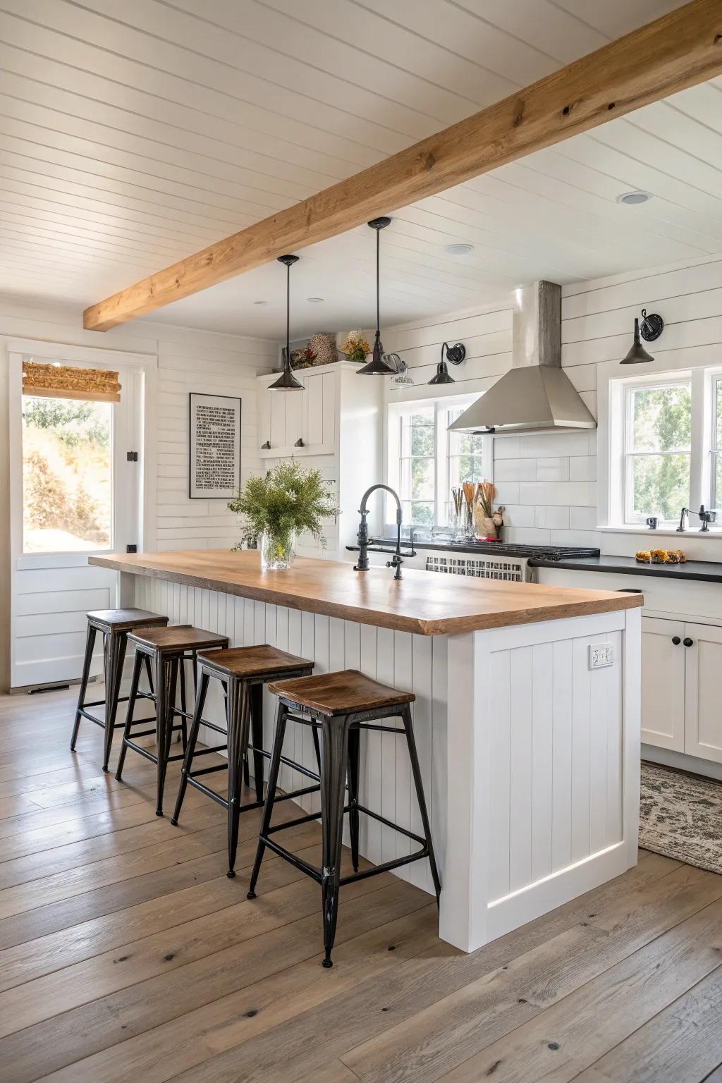 A bright white horizontal panel island is paired with timber countertops, adding a welcoming element.