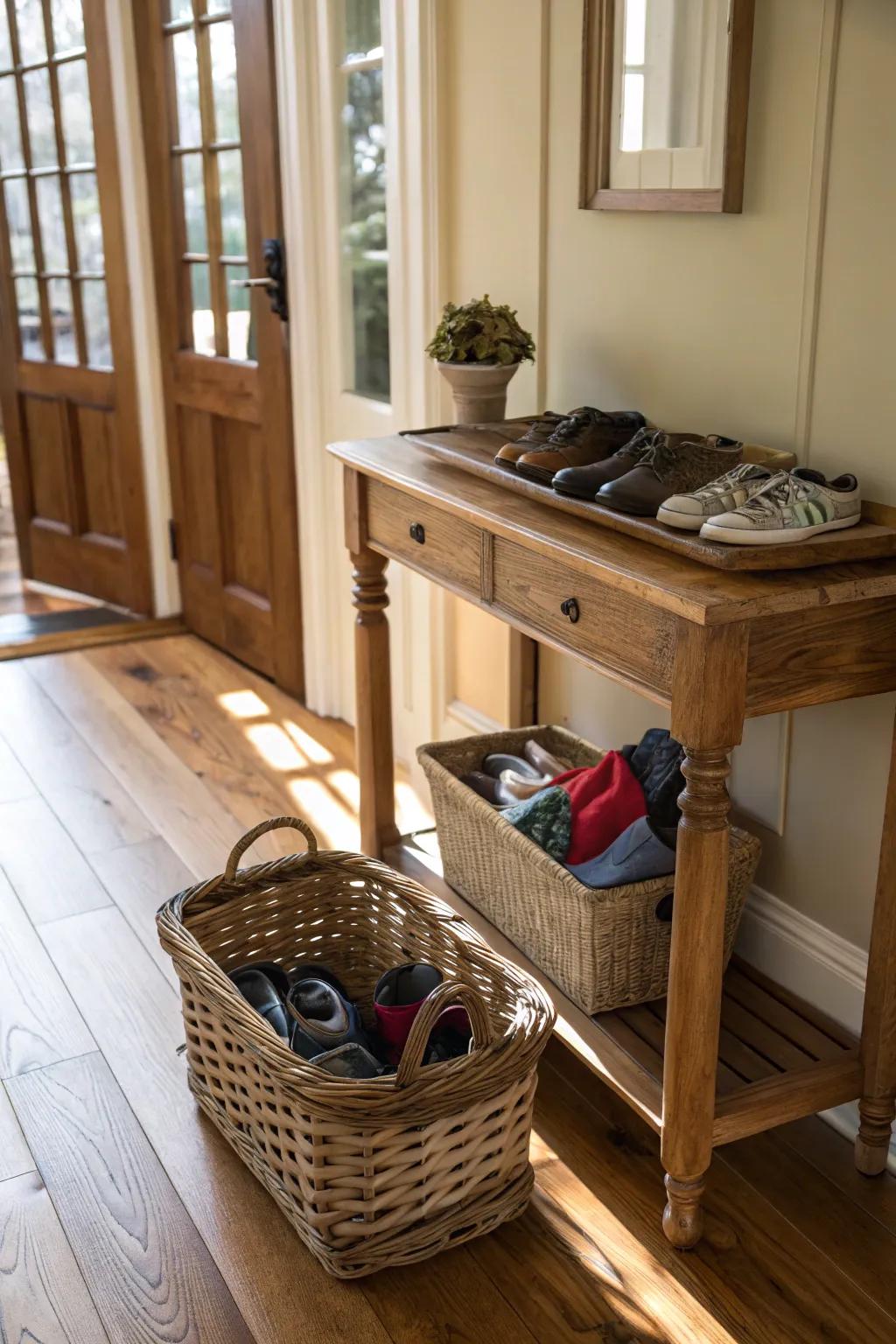 Wicker baskets are an efficient and appealing way to keep shoes organized.