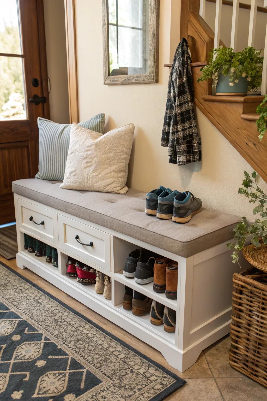 A versatile bench with cabinet that works as both a seat and a storage unit.