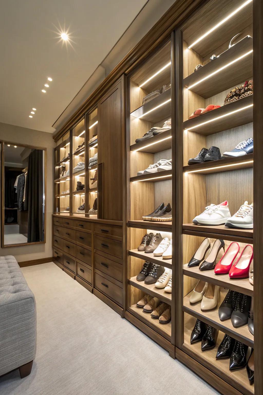 Bespoke closet shelves are a stunning way to show off your footwear.