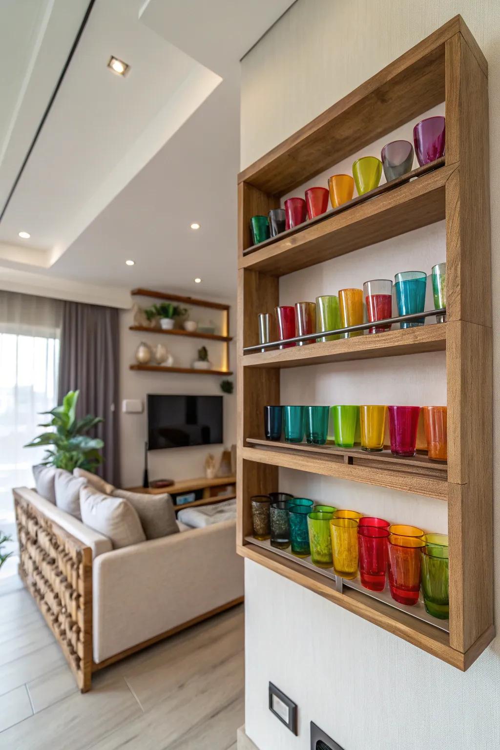 A contemporary living space showcases a wooden shelf attached to the wall, displaying a collection of vibrant shot glasses.