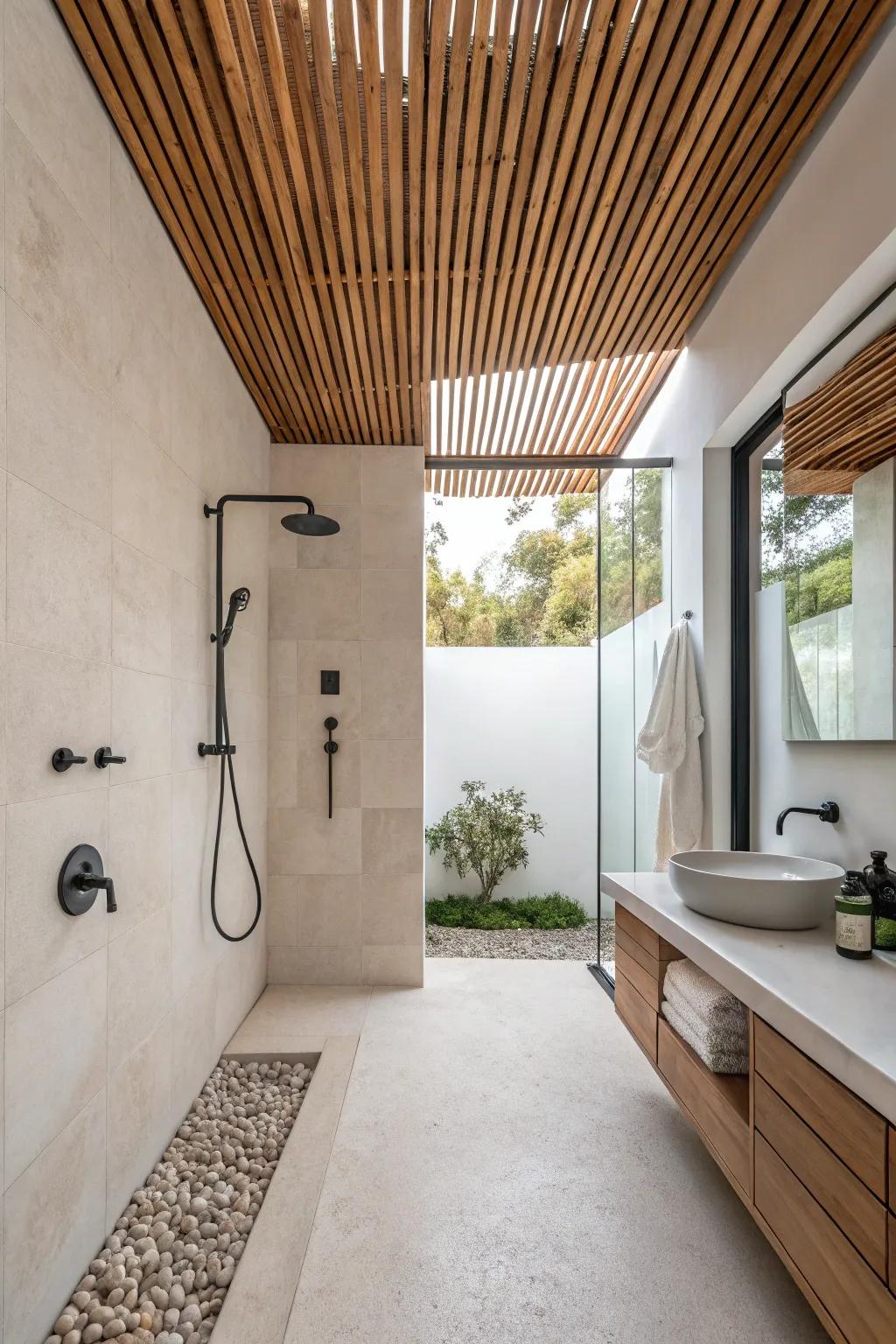 Wooden slats create an inviting, warm feel in any shower area.