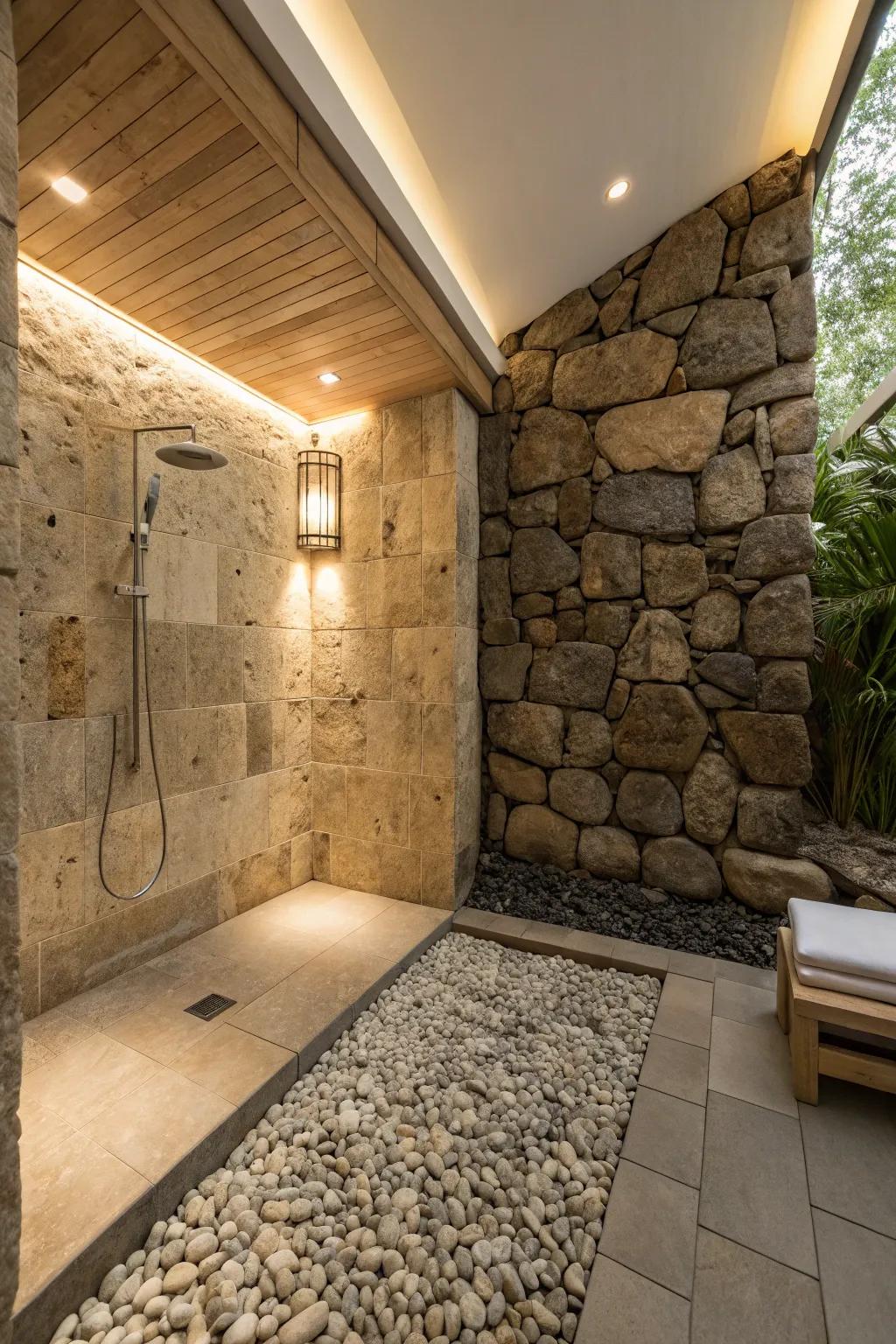Achieve a peaceful spa-like atmosphere with the natural texture of pebble flooring.