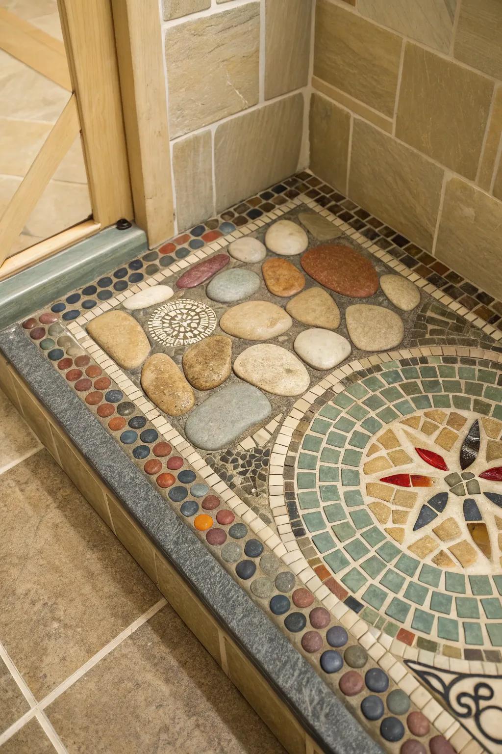 A shower base that incorporates a mix of mosaic and pebble tiles, creating a tactile and organic feel.