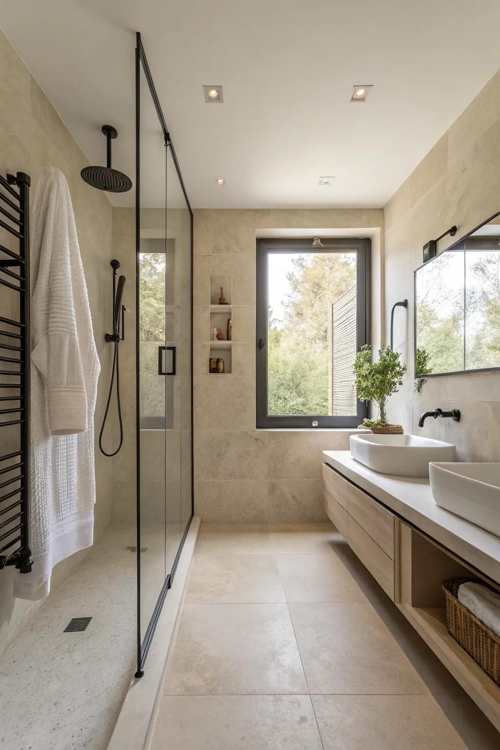 A simple shower room showcasing sharp lines and a peaceful color palette.