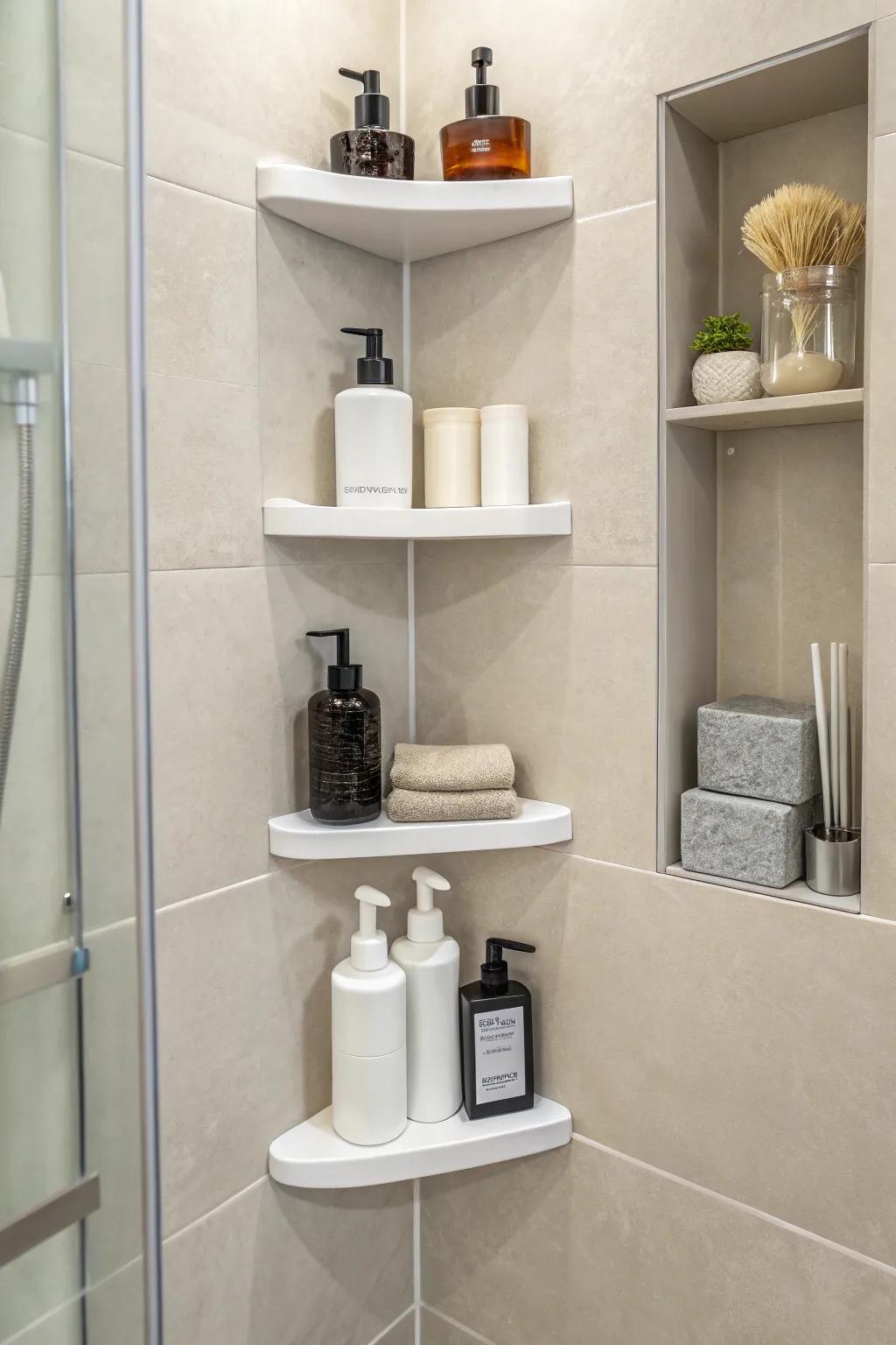 Corner shelves are great to maximize unused area in the shower.