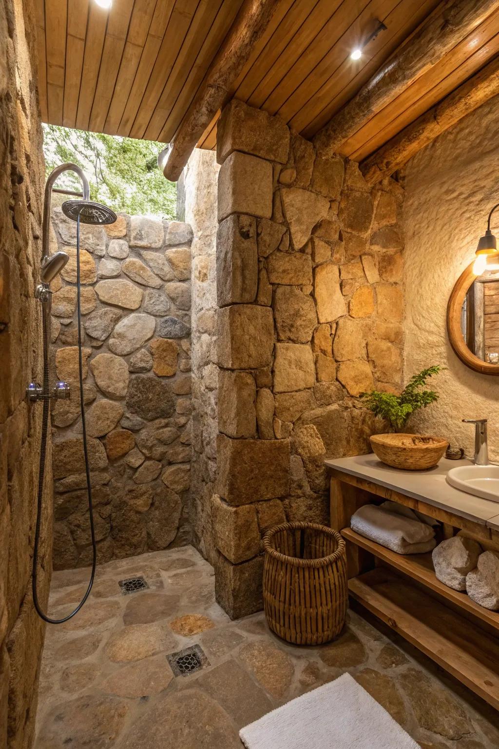 Natural stone walls imbue your shower area with rustic charm.
