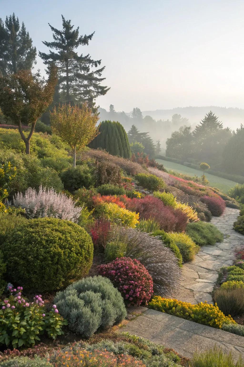 A garden illustrating the art of layered planting with various shrub heights and colors.