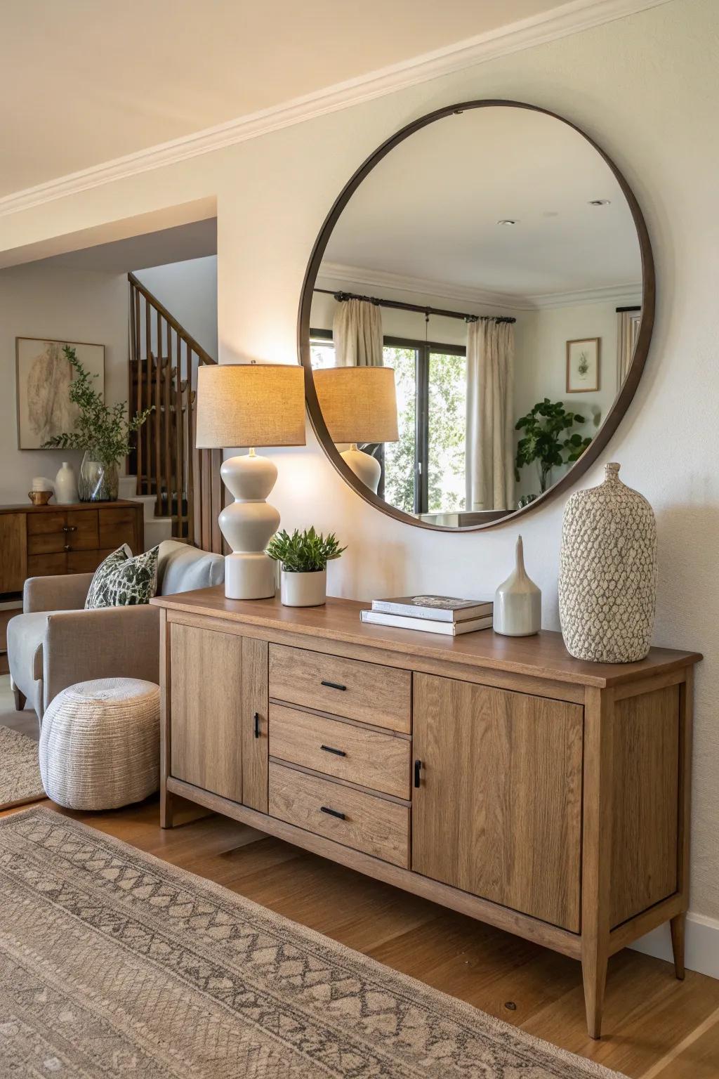 A sideboard is beautifully complemented by a generous round mirror, which enhances depth and luminosity in a welcoming setting.