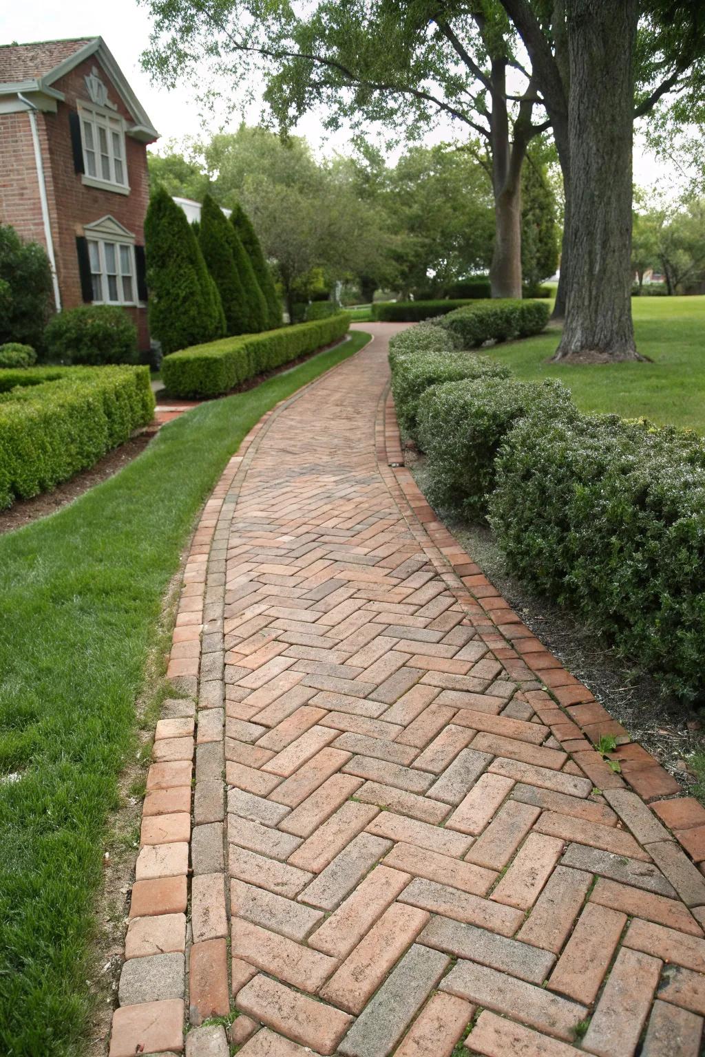 Enduring allure achieved with a herringbone brick design.