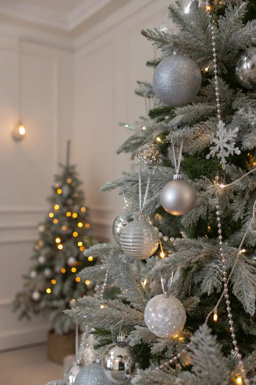 A silver Christmas tree is the centerpiece of holiday elegance.