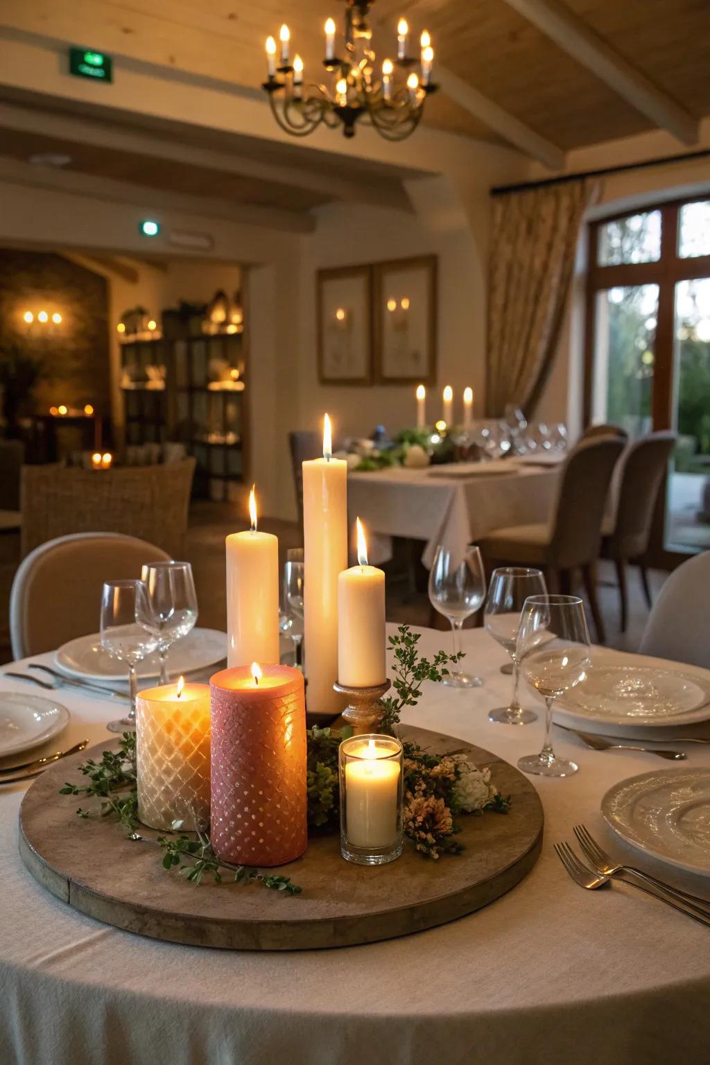 Candles of different sizes make for a cozy and attractive centerpiece.
