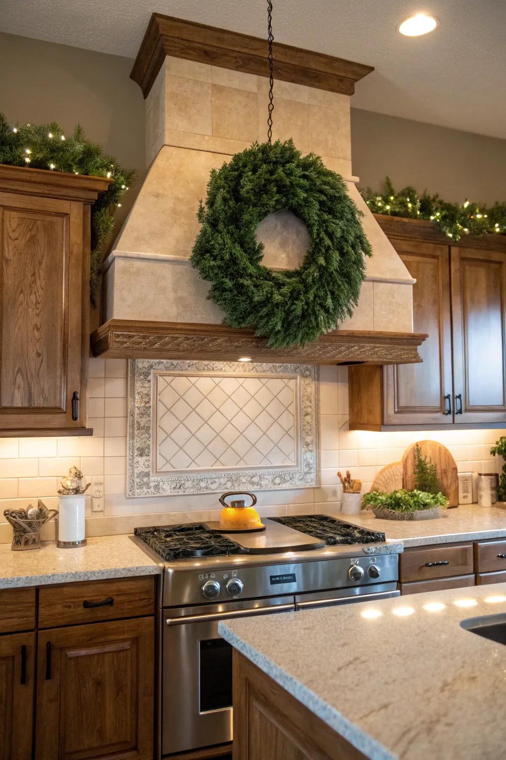 A verdant adornment introduces a festive element to the cooking space.