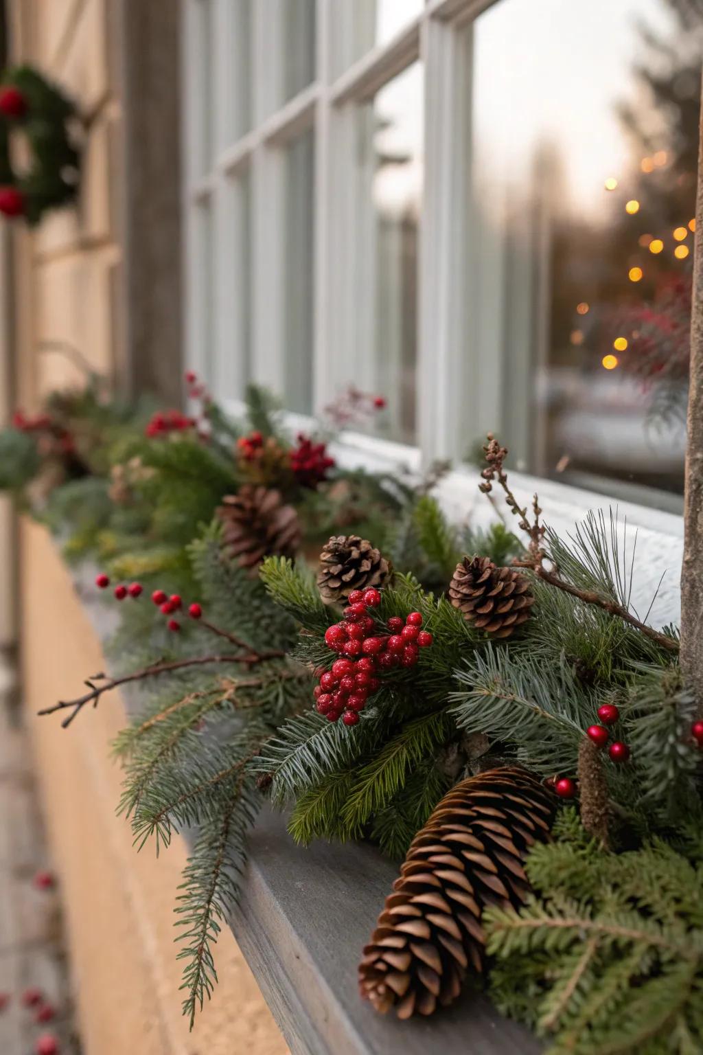 Welcome the beauty of the outdoors in with an organic evergreen branch window display.