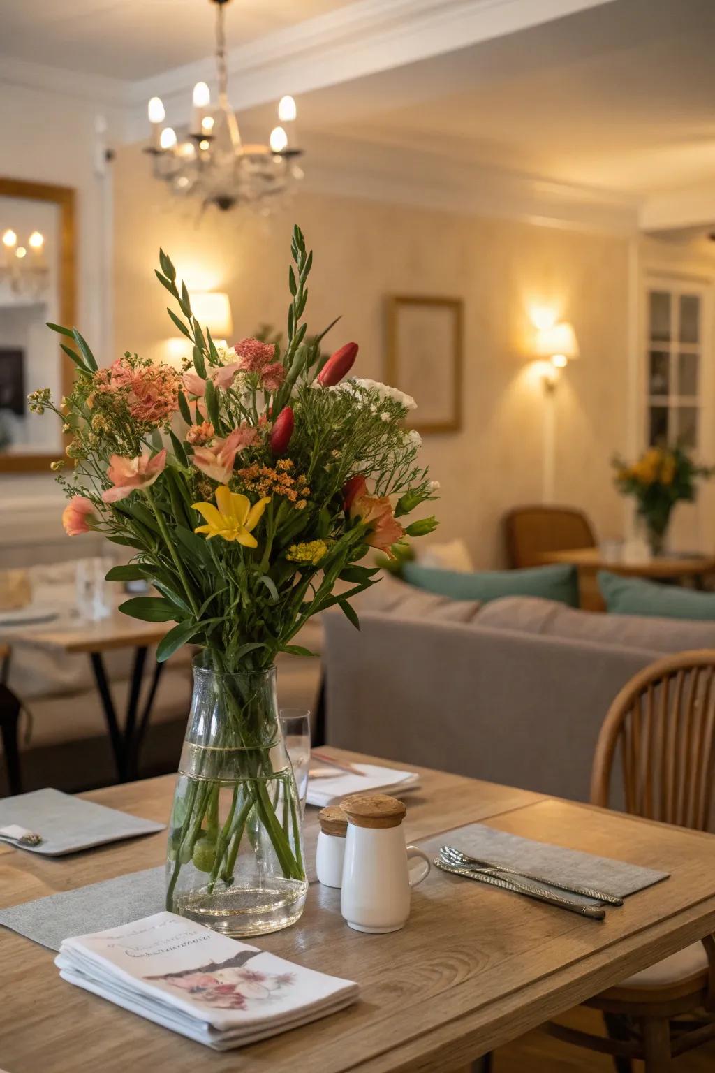 A simple vessel centerpiece brings elegance to the table.