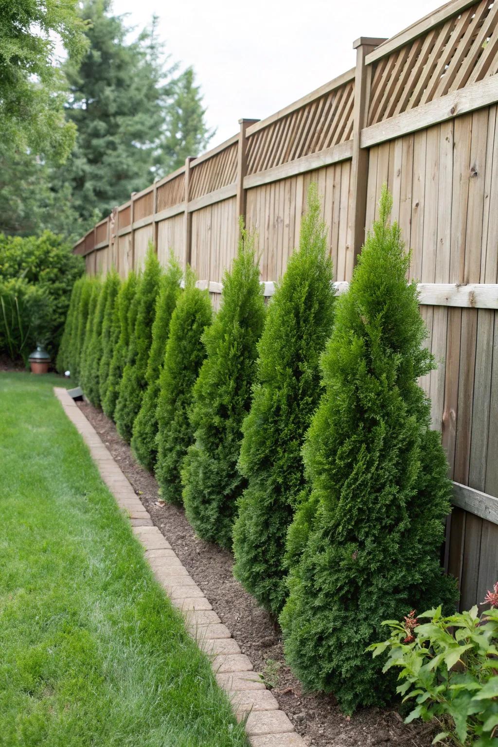 Evergreen bushes present a timeless and abundant feel to fencing throughout the year.