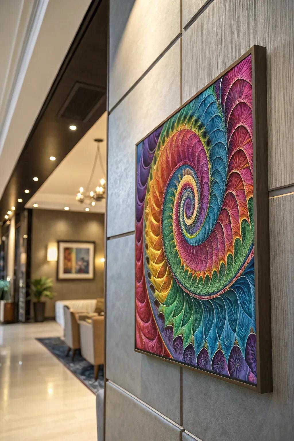 A colorful spiral fractal painting adds depth and movement to the decor.