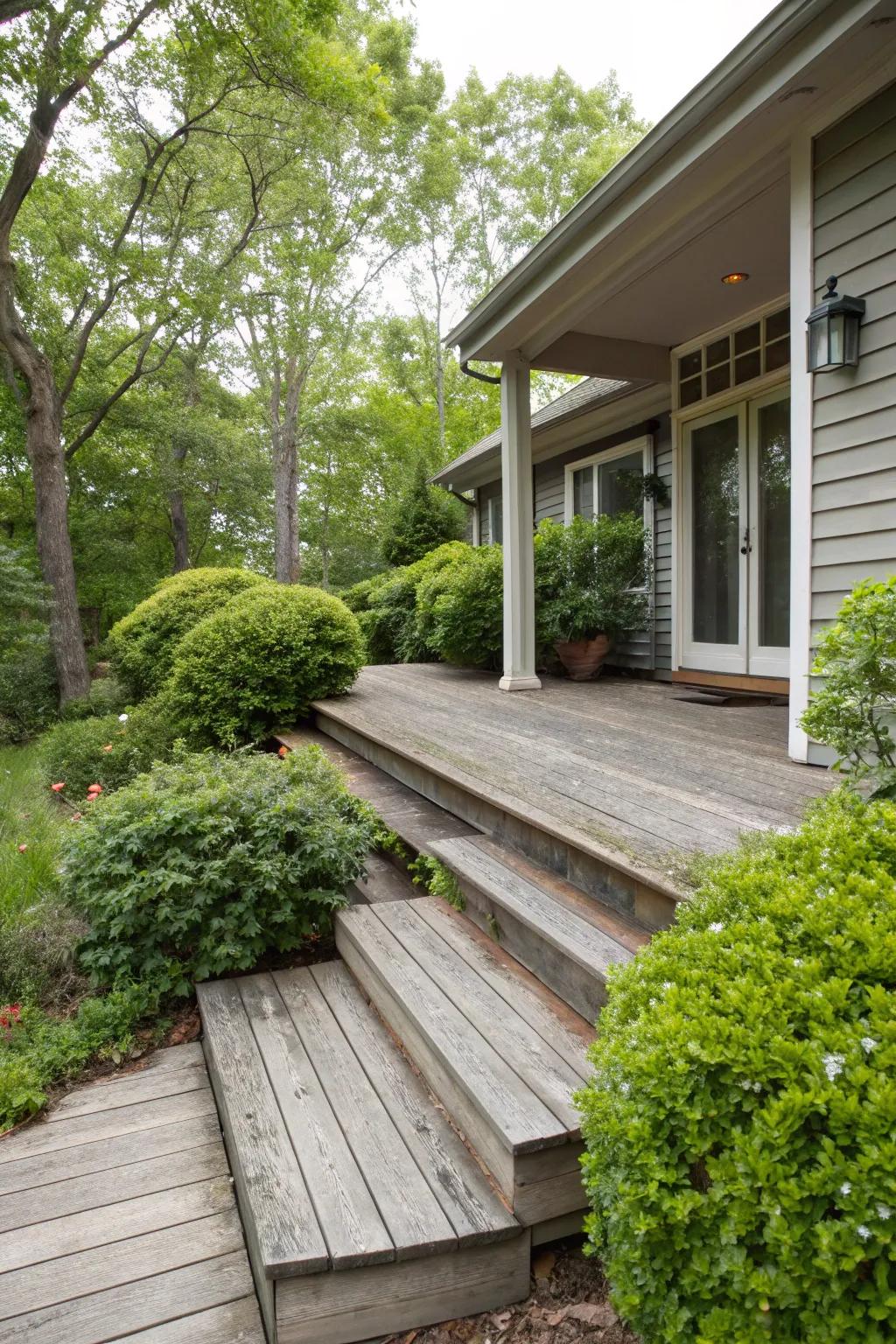 Simple wood steps add a natural appeal to the home's entry.