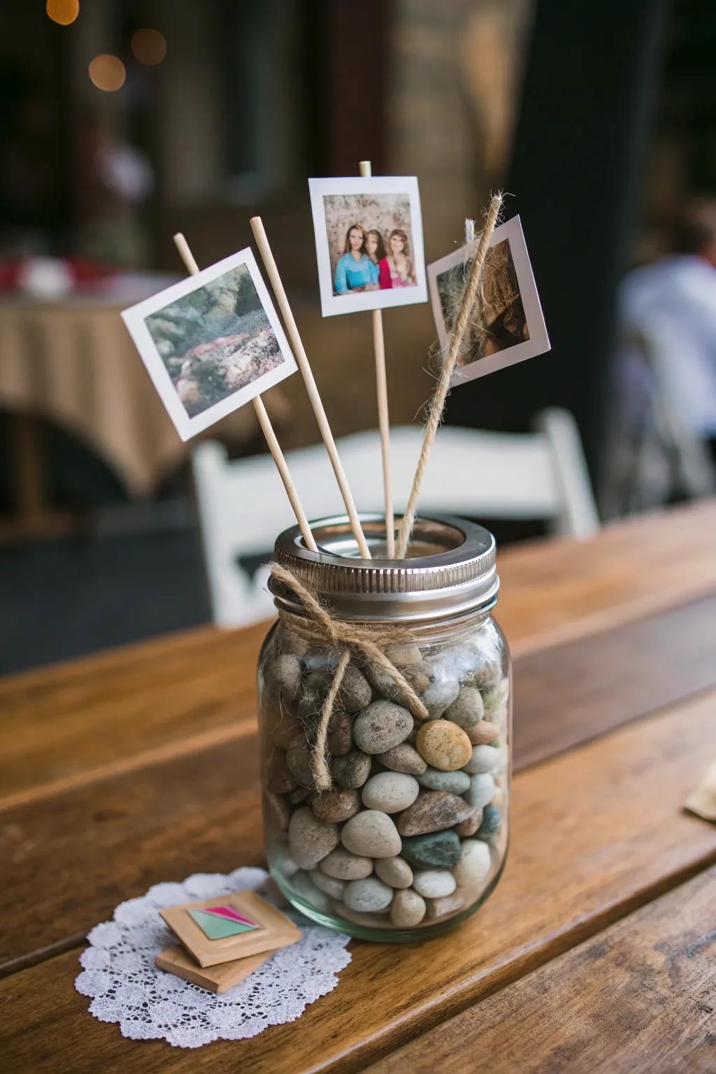 A photographic display centerpiece exhibiting treasured memories.