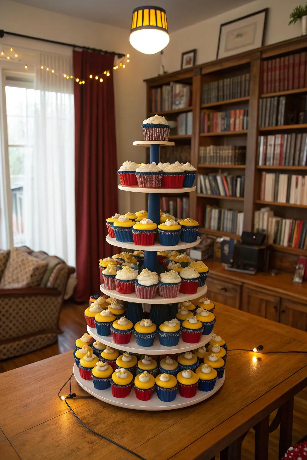 An incredible treat tower, adorned with school colors, perfect for celebrating a graduation.