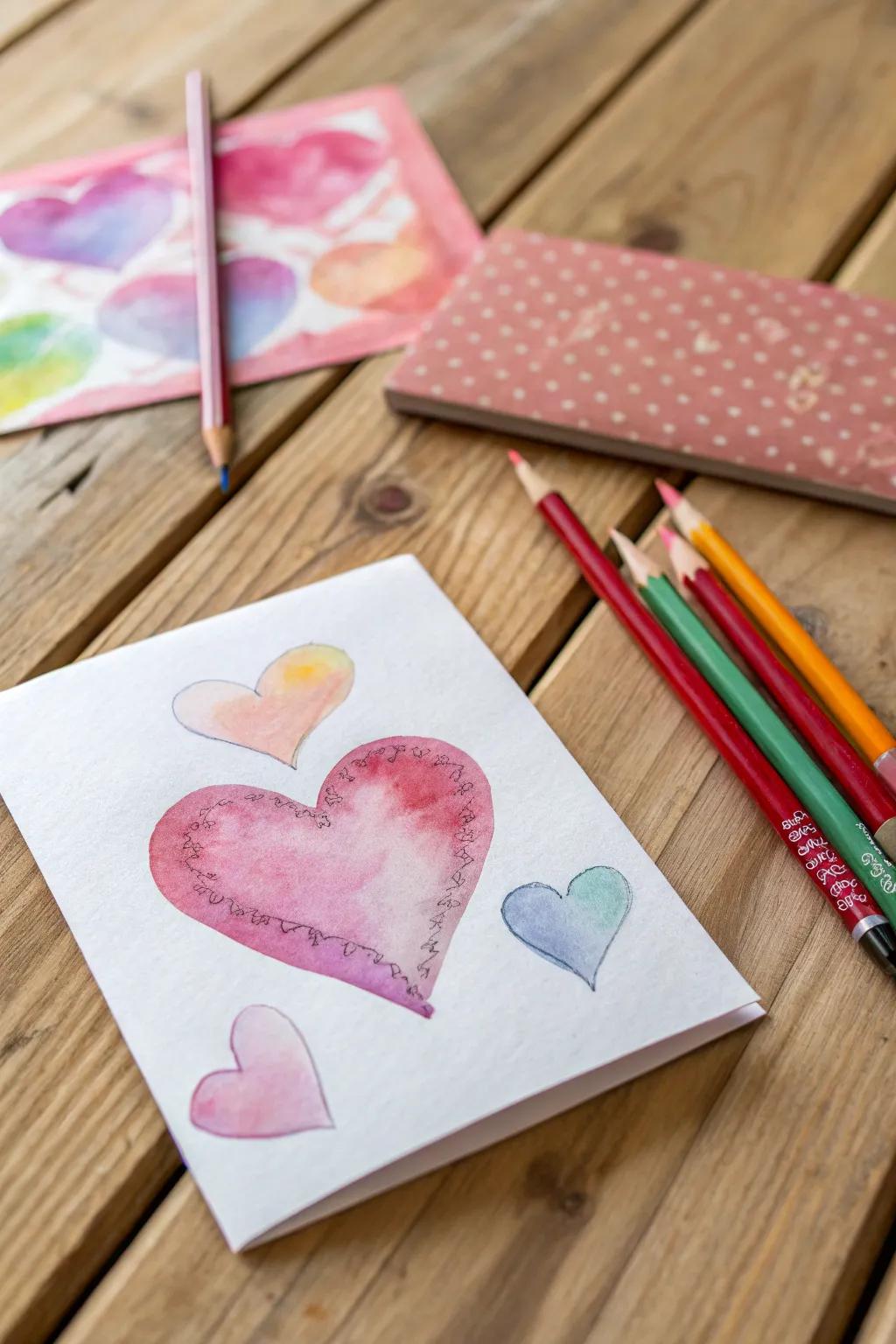 A beautiful watercolor heart card, perfect for a touch of artistic charm.