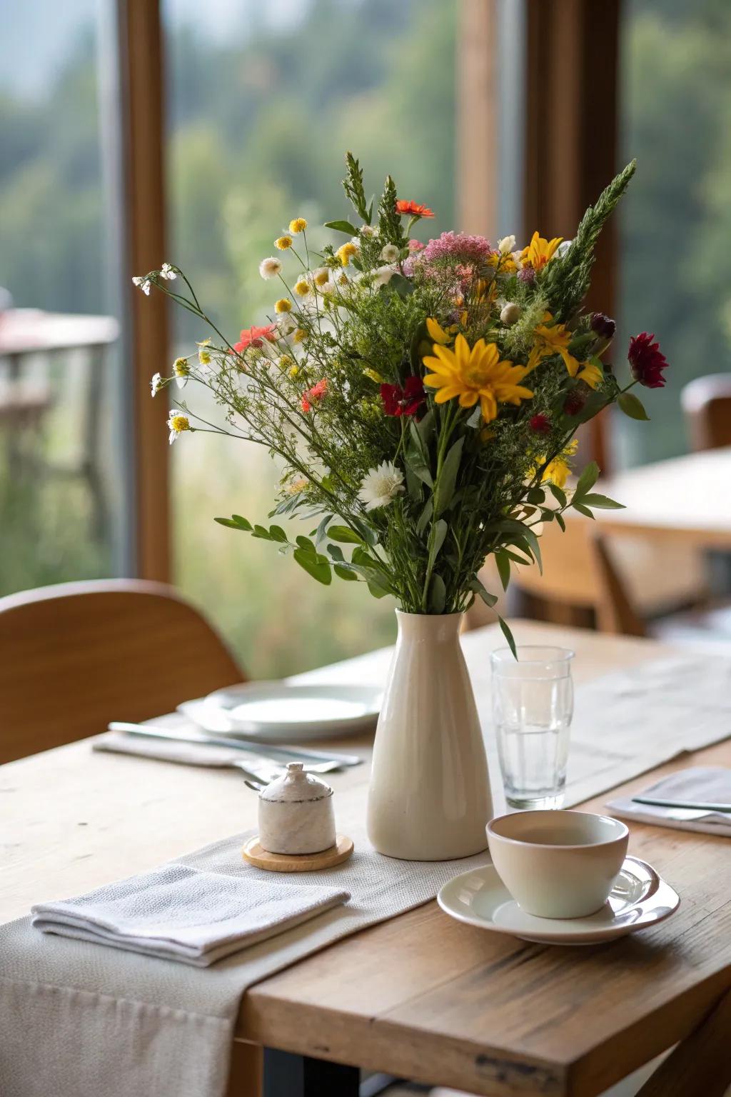 A vibrant floral centerpiece livens up any lunch table.