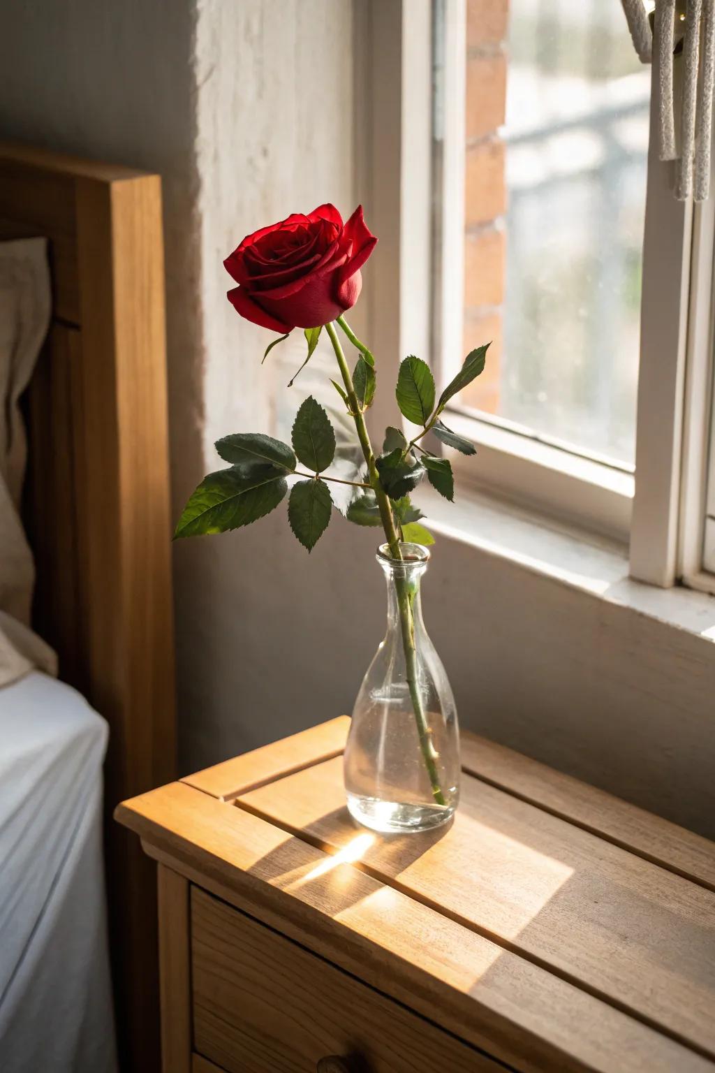 A solitary red rose in a vase embodies minimalist beauty.