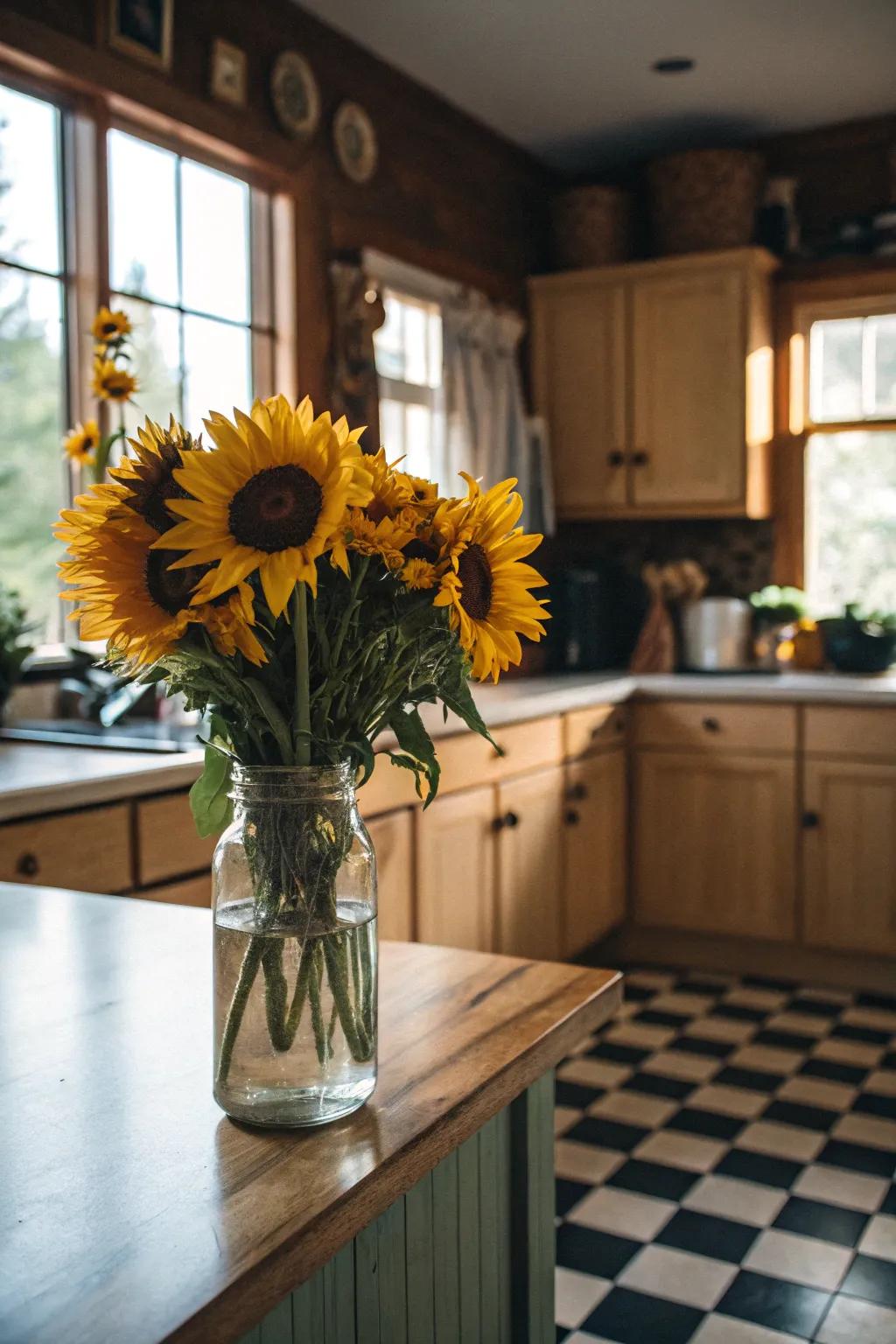 Sunflowers in a preserving jar bring a rustic elegance to any kitchen.