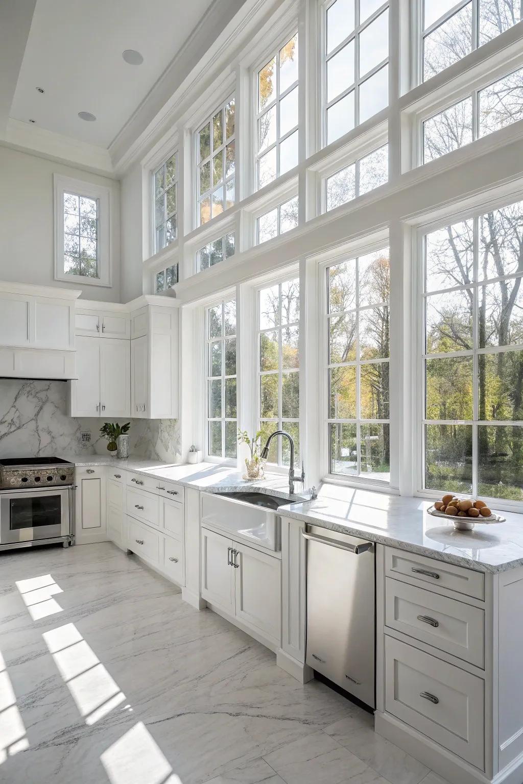 A white kitchen filled with natural light from large windows.