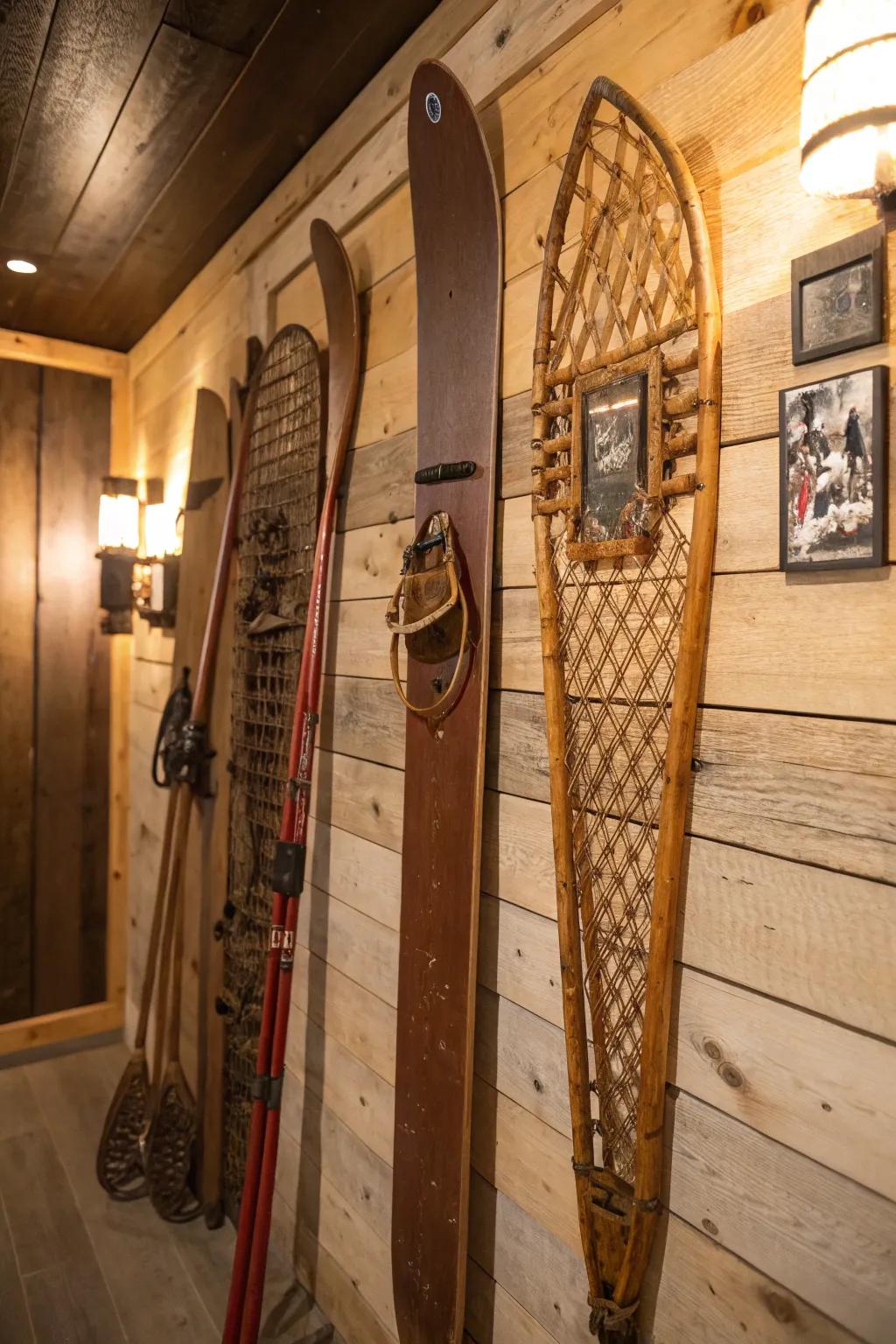 Design a captivating wall display with vintage ski equipment for a nostalgic feel.
