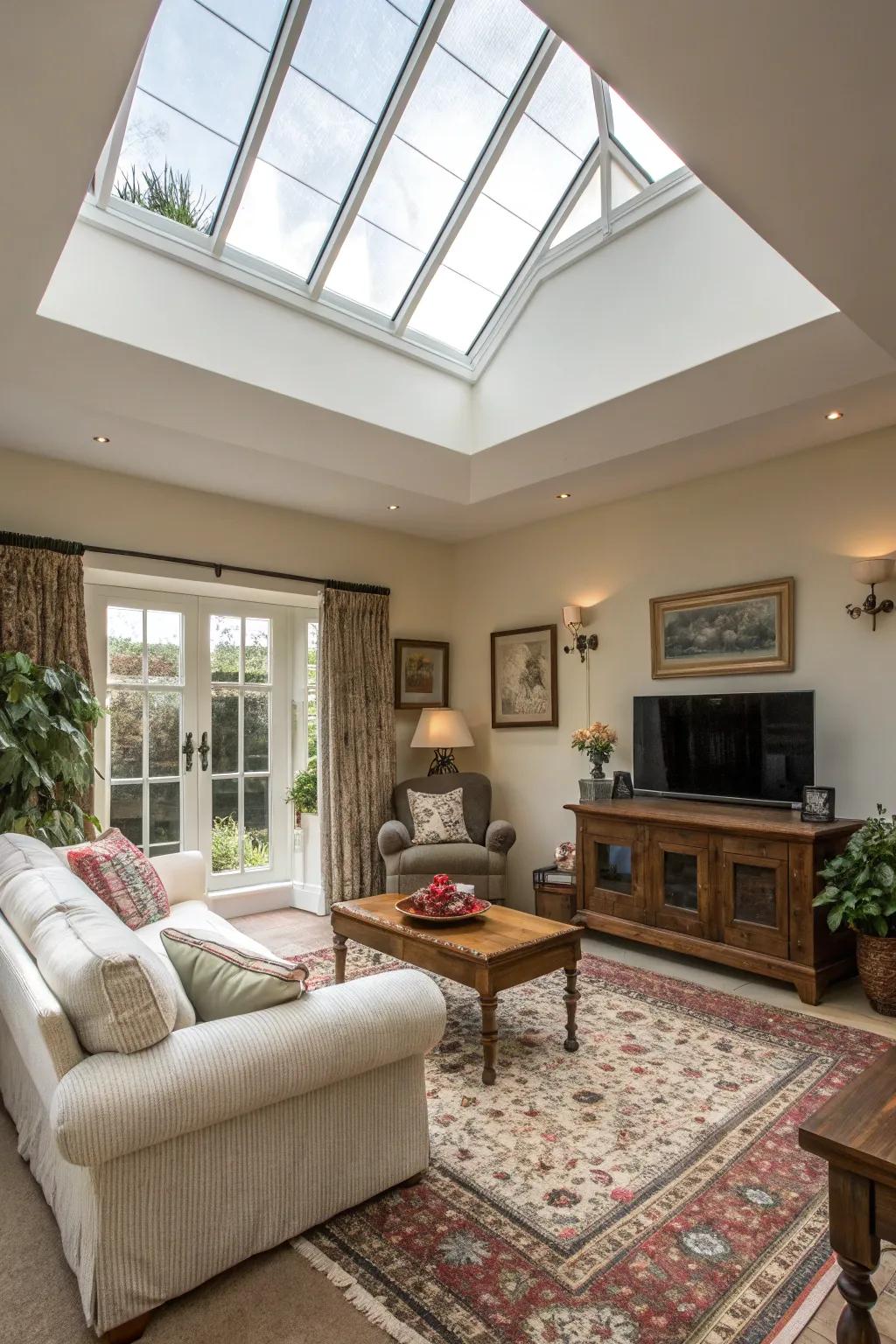 A welcoming living area filled with light from a generous skylight.