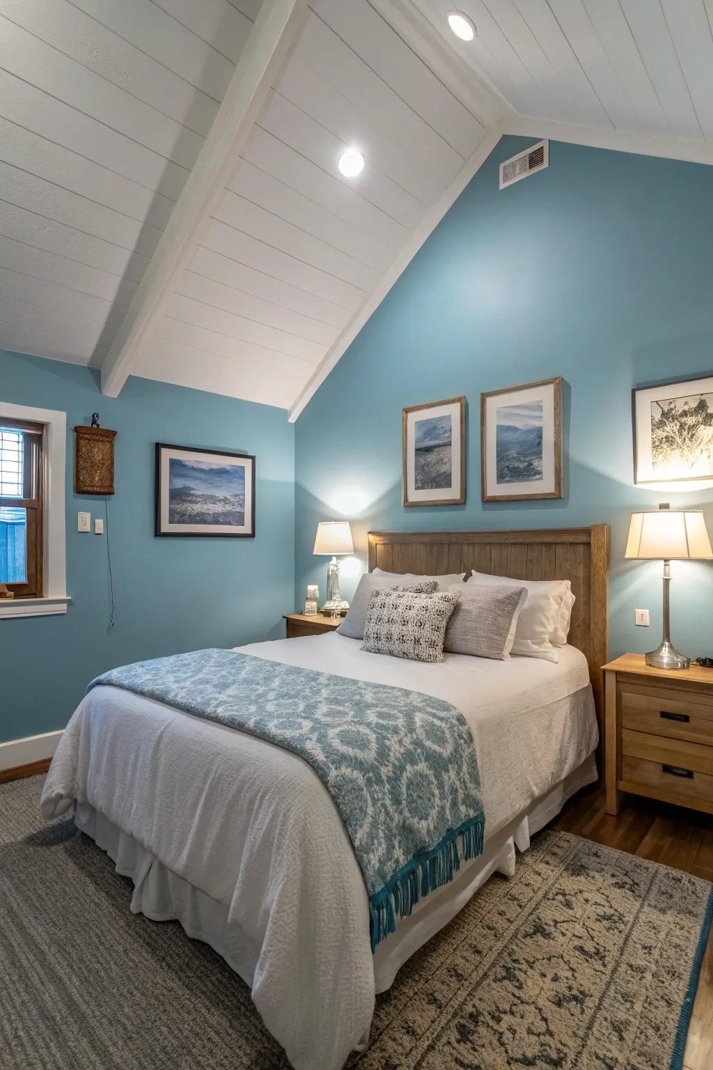 A consistent color scheme gives this bedroom with a slanted ceiling a spacious and peaceful vibe.