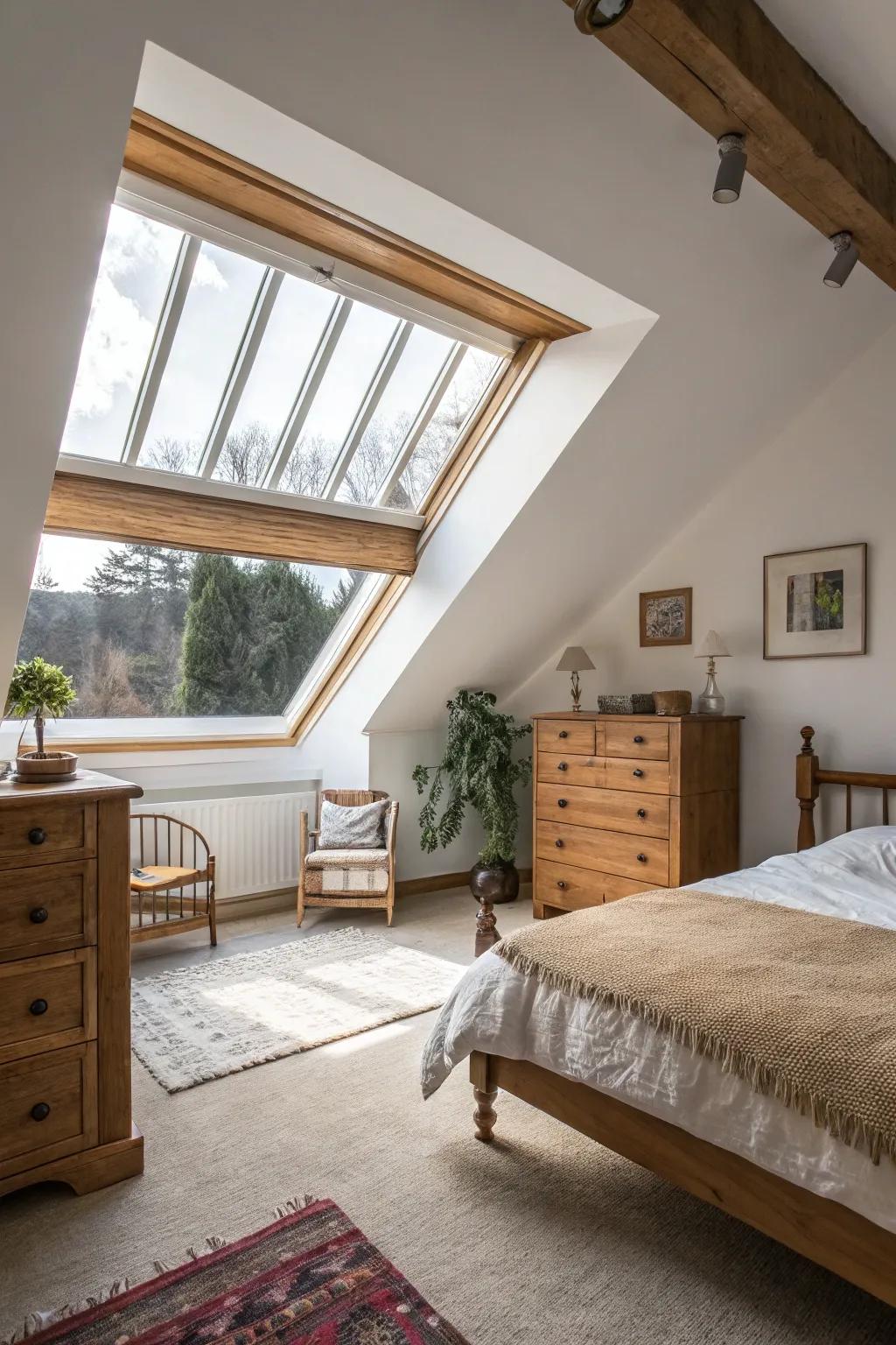 An attic bedroom filled with natural light from a large atrium window.
