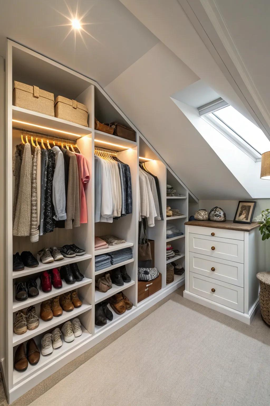 Bespoke shelving fits seamlessly with slanted floors.