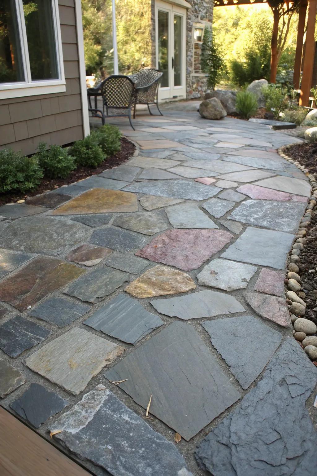A slate patio showcasing an innovative random stone layout.