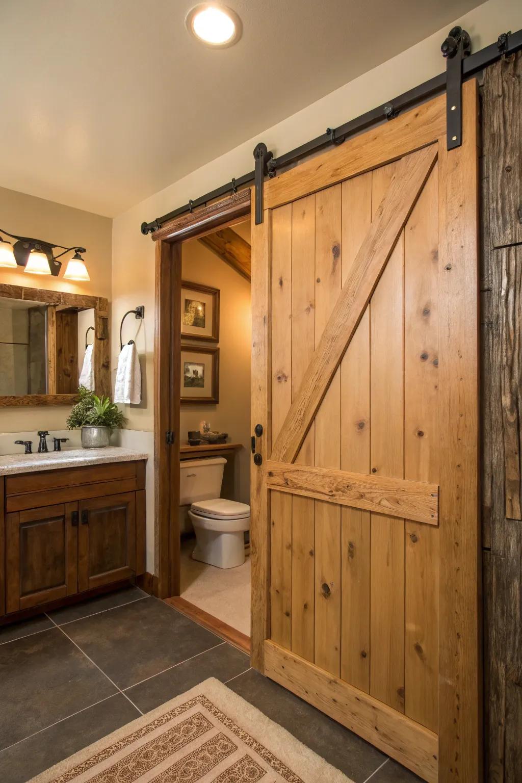This cozy bathroom gets a dose of charm and warmth thanks to a rustic barn-style sliding door.