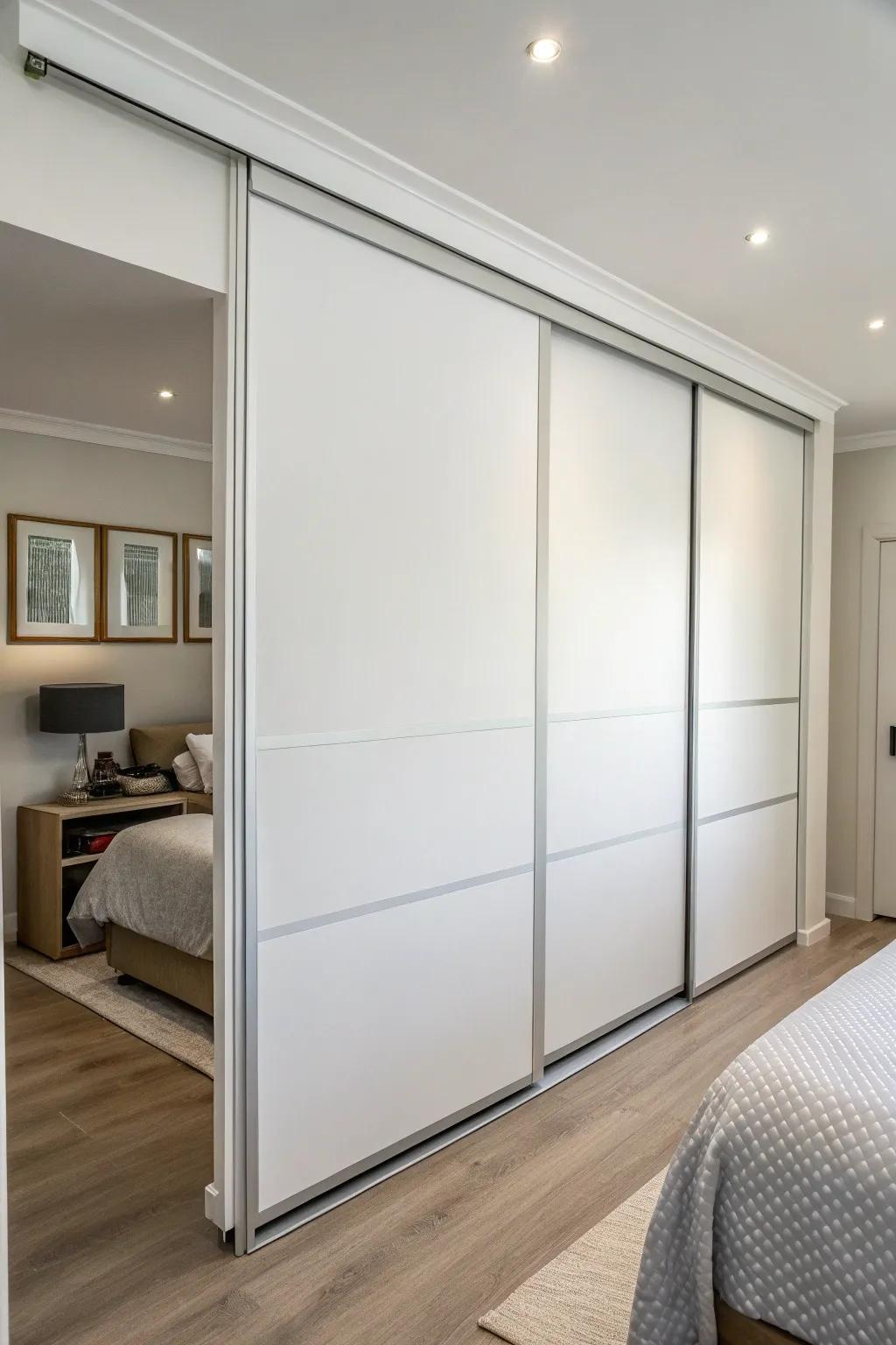 Sleek minimalist white sliding closet doors.