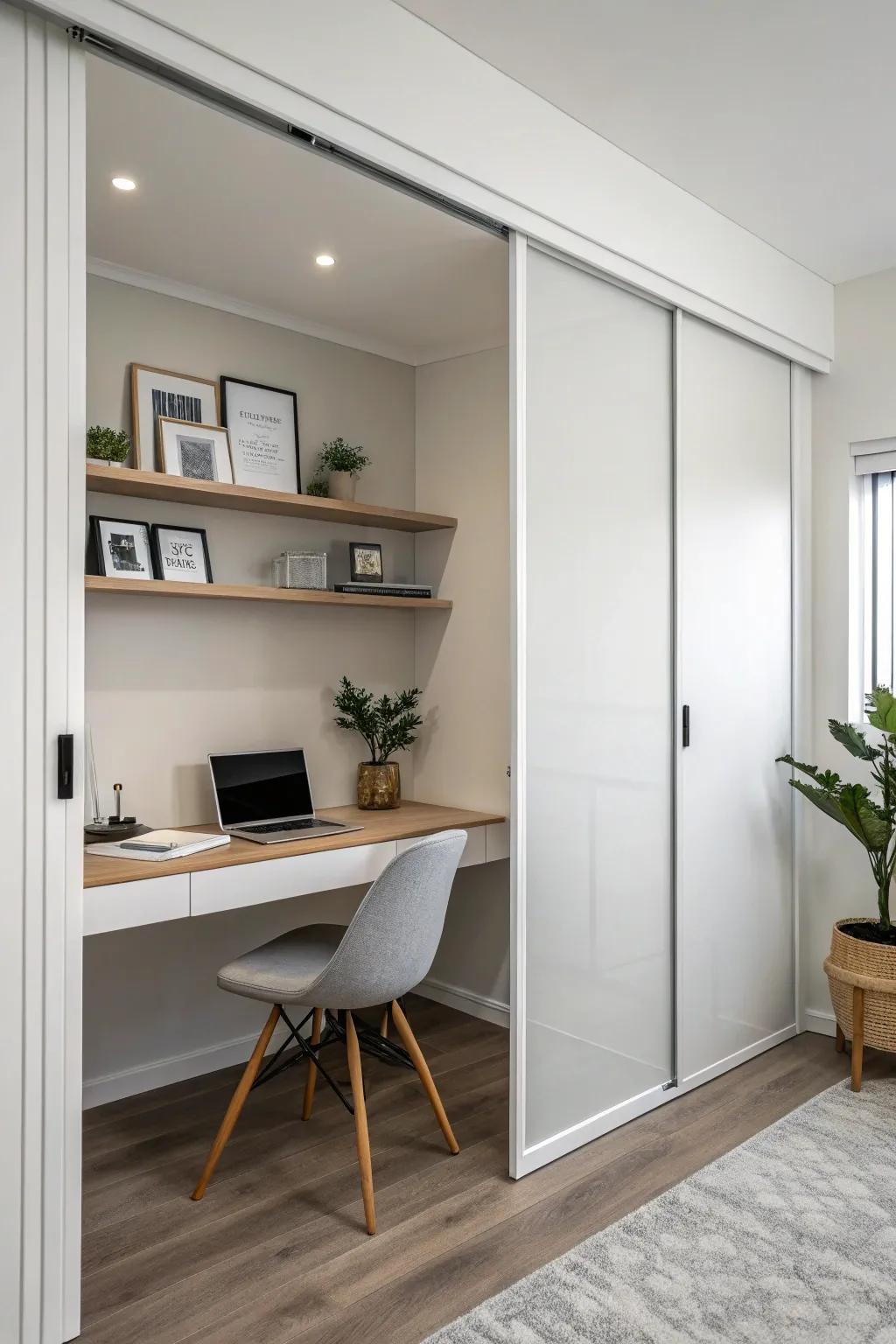 A minimalist sliding door enhances the clean aesthetic of this home office.