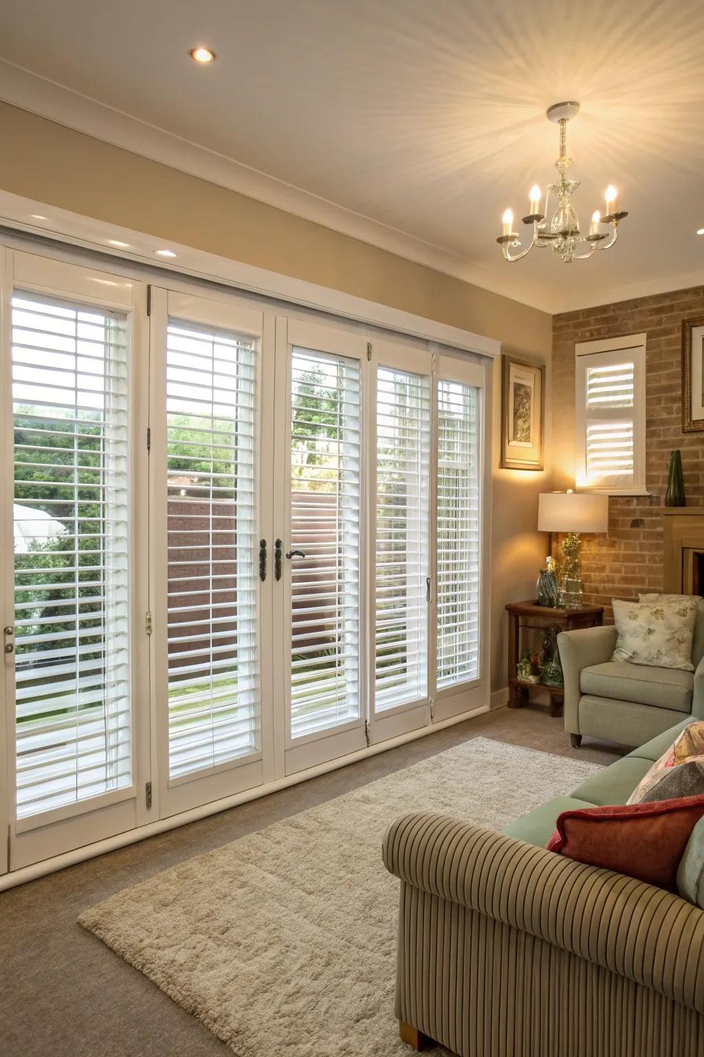 Classic shutter-style window coverings add a touch of class to any room.