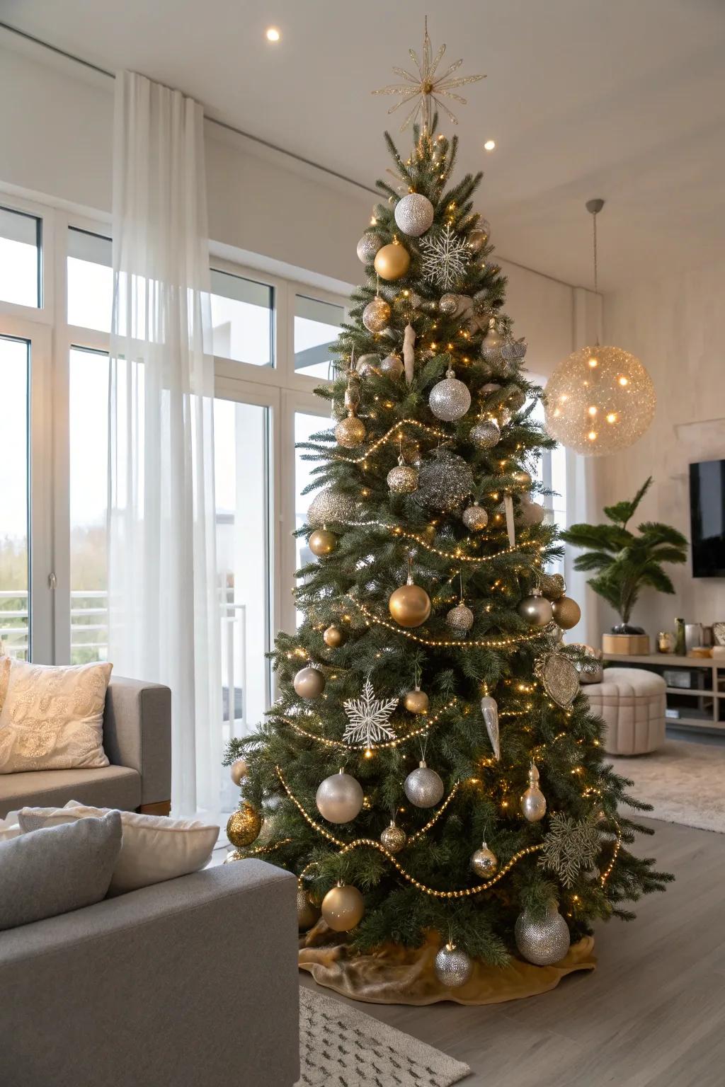 Luminous ornaments bring elegance to a slim Christmas tree.