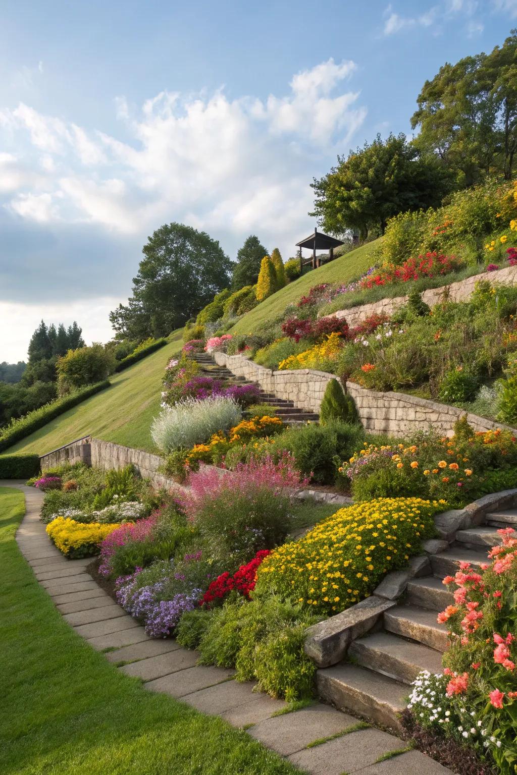 Multi-tiered planting beds enhance the visual appeal and framework of this captivating slope.