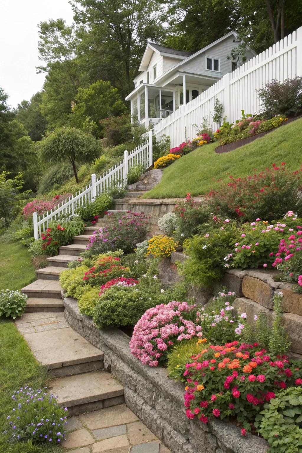 Terraced landscaping results in a vibrant and useful sloped front yard.