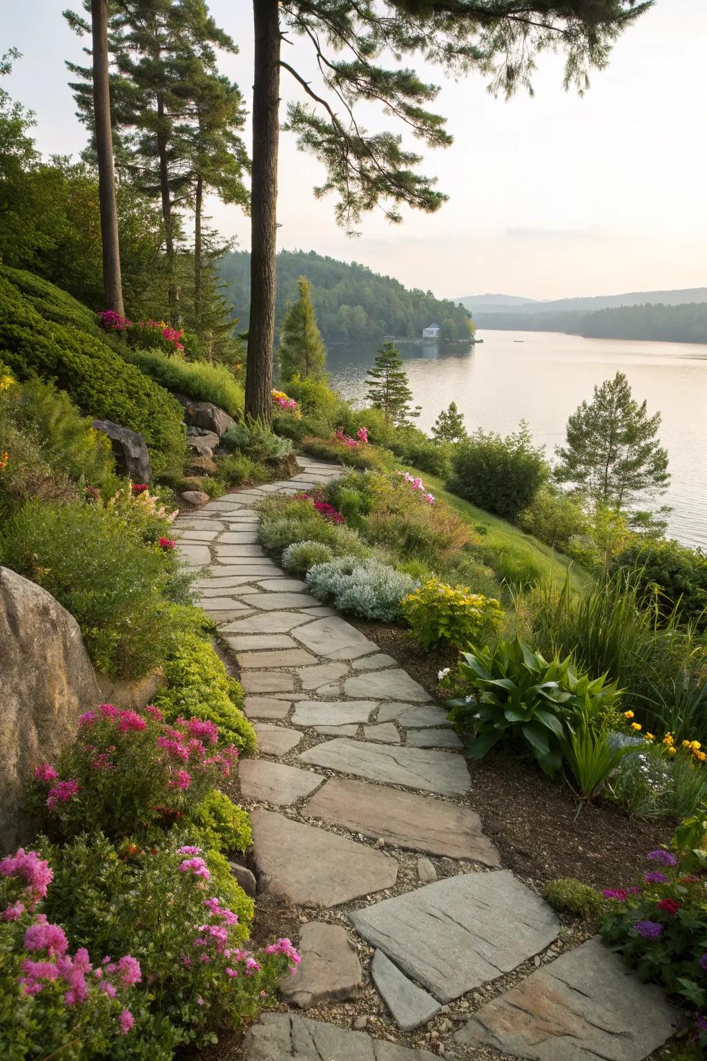 A beautiful stone path winds through a peaceful lakefront garden.