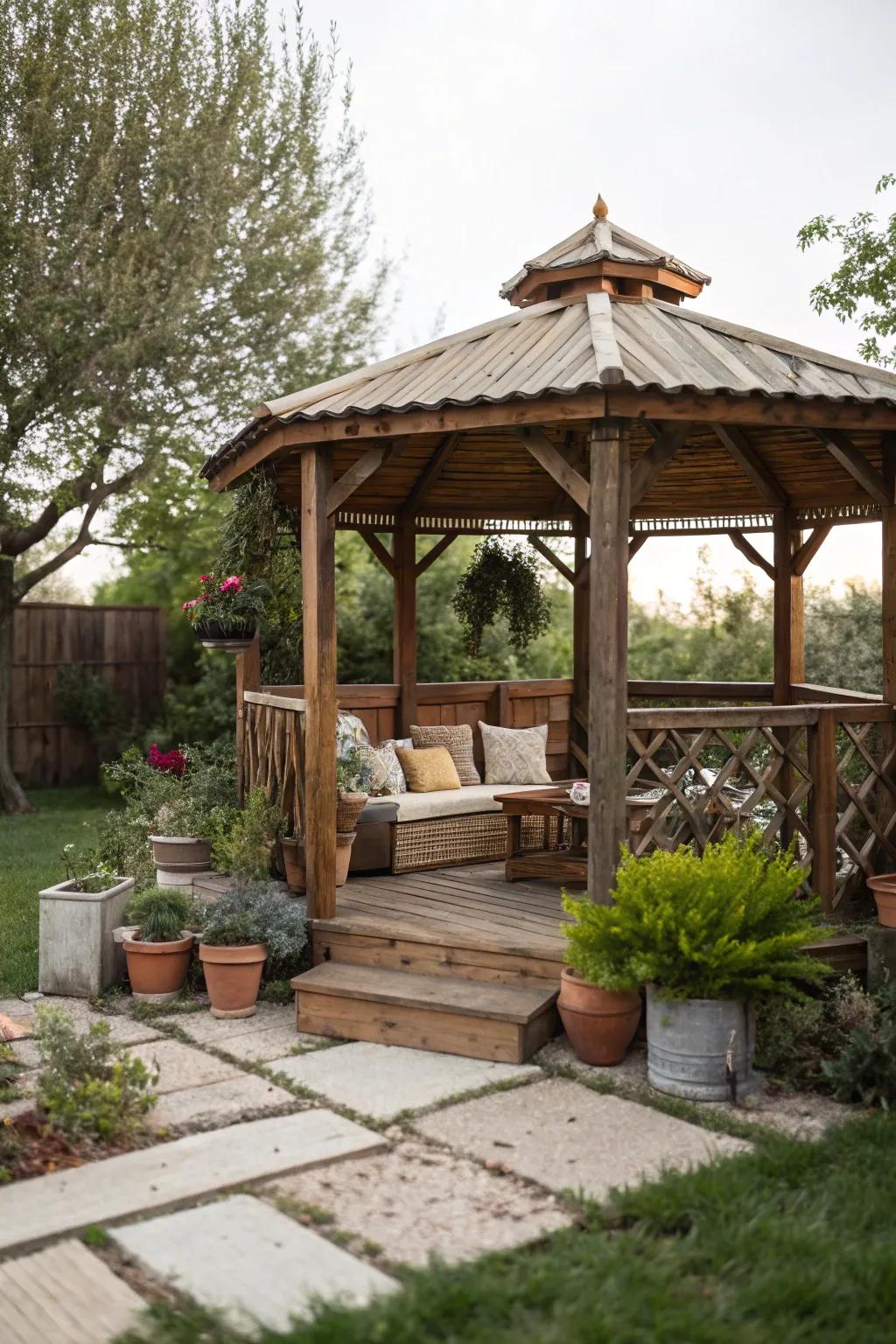 A country-style wooden pavilion makes for a cozy and welcoming space.